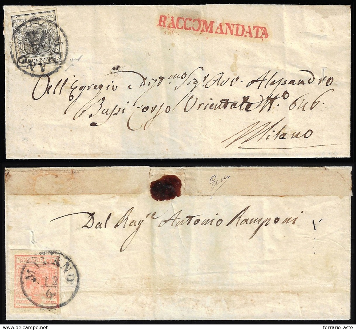 1850 - 10 Cent. Nero, E, Al Verso, 15 Cent. Rosso, III Tipo, Entrambi Carta A Mano (2,6), Perfetti, ... - Lombardije-Venetië