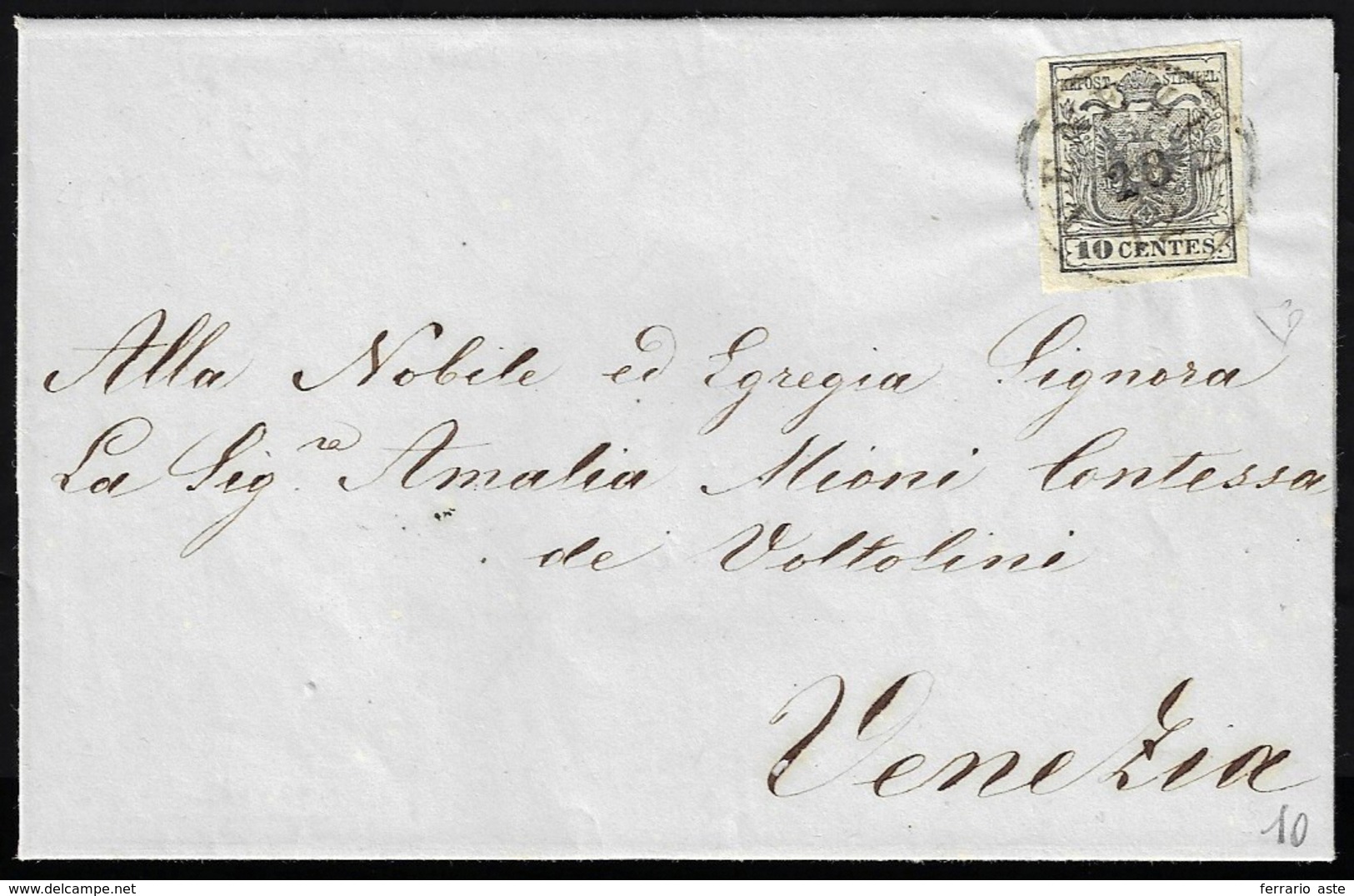 1854 - 10 Cent. Nero, Carta A Mano (2), Perfetto, Isolato Su Lettera Da Venezia 28/3/1854 Per Ciità.... - Lombardo-Venetien