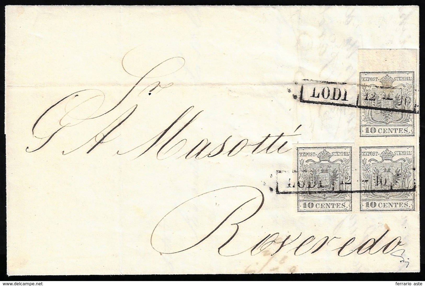 1850 - 10 Cent. Grigio Argento, I Tiratura (2a), Striscia A Seggiola Di Tre, Un Esemplare Del I Sott... - Lombardo-Vénétie