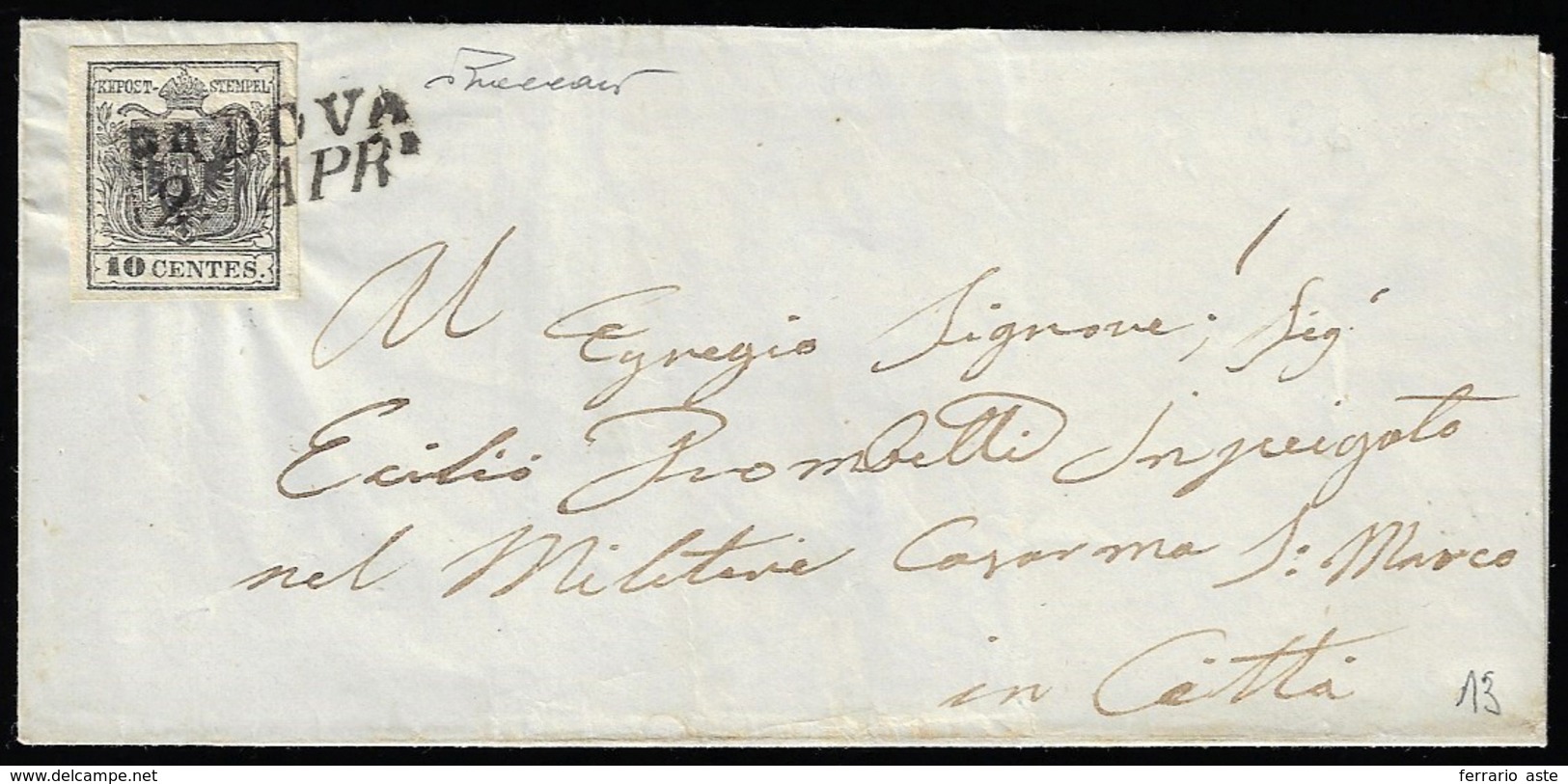 1850 - 10 Cent. Grigio Nero, Carta A Mano (2c), Perfetto, Isolato Su Sovracoperta Di Lettera Da Pado... - Lombardo-Vénétie