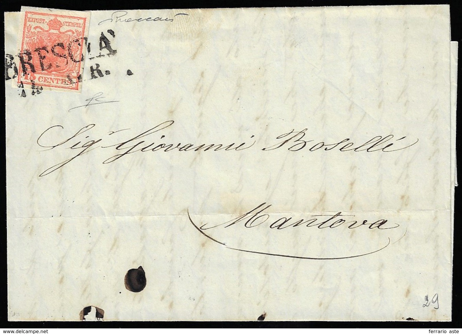 1851 - 15 Cent. Rosso Vermiglio, II Tipo, Carta A Mano (4), Perfetto, Su Lettera Da Brescia 14/4/185... - Lombardy-Venetia