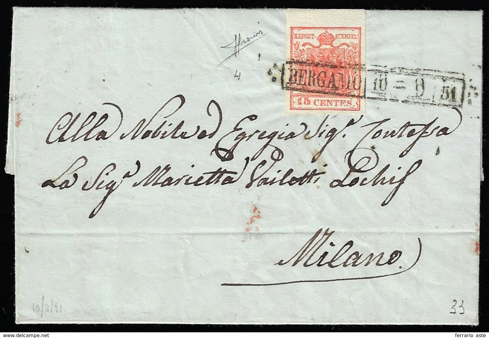 1851 - 15 Cent. Rosso Vermiglio, II Tipo, Carta A Mano, Varietà Di Clichè (4), Bordo Di Foglio, Perf... - Lombardy-Venetia