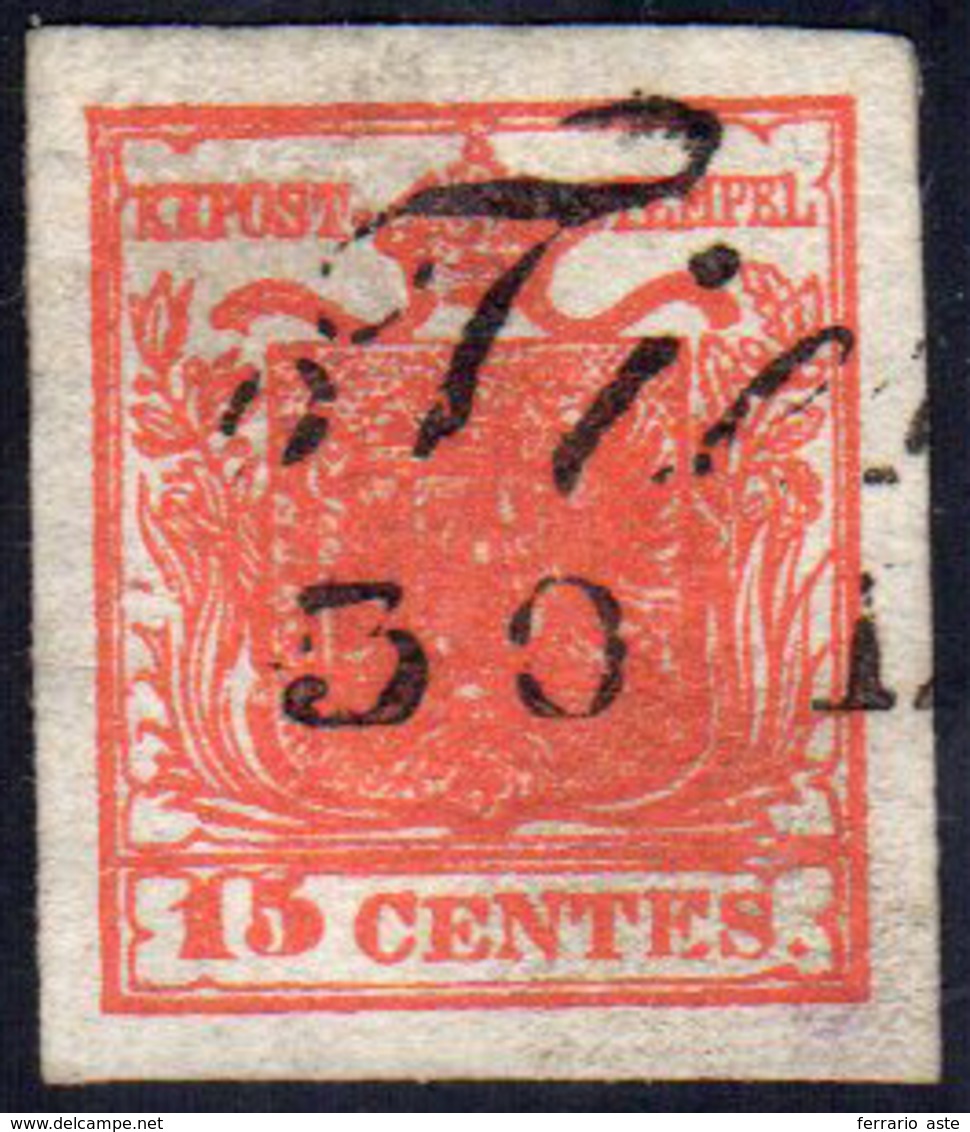 1850 - 15 Cent. Rosso Carminio Scuro, II Tipo, Carta A Mano (4c), Ottimo Stato, Usato A Thiene. Raro... - Lombardy-Venetia