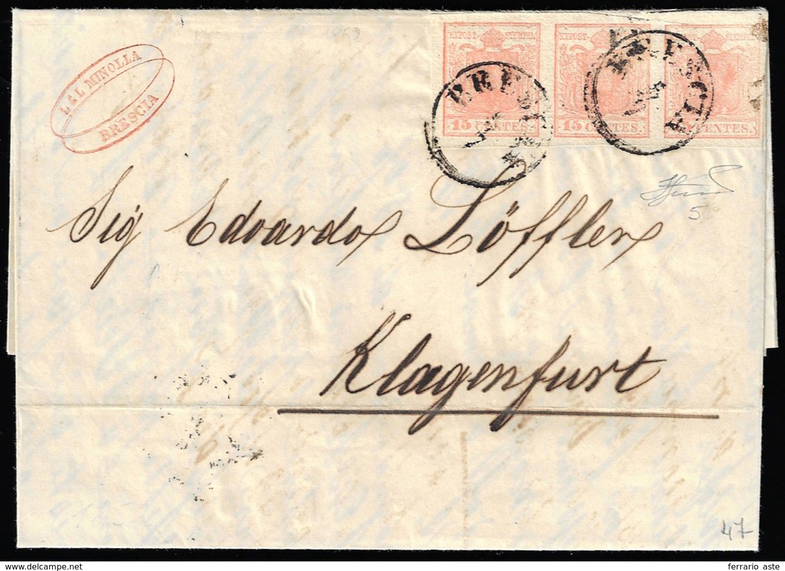 1852 - 15 Cent. Rosa, II Tipo, Carta A Mano (5), Striscia Di Tre, L'ultimo Esemplare Con Stampa Evan... - Lombardo-Veneto