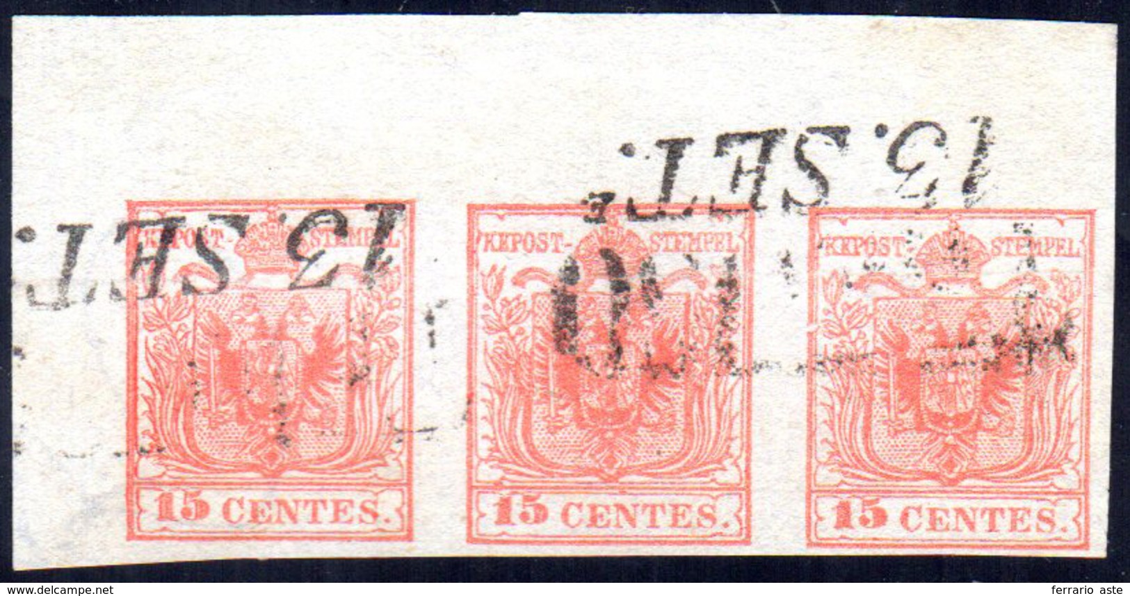 1852 - 15 Cent. Rosso, III Tipo, Carta A Mano (6), Striscia Di Tre, Angolo Di Foglio, Perfetta, Usat... - Lombardo-Venetien