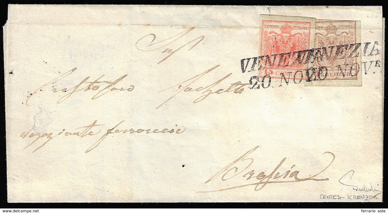 1852 - 15 Cent. Rosso, III Tipo, Carta A Mano (6), In Affrancatura Mista Con 6 Kr. Bruno, Carta A Ma... - Lombardy-Venetia