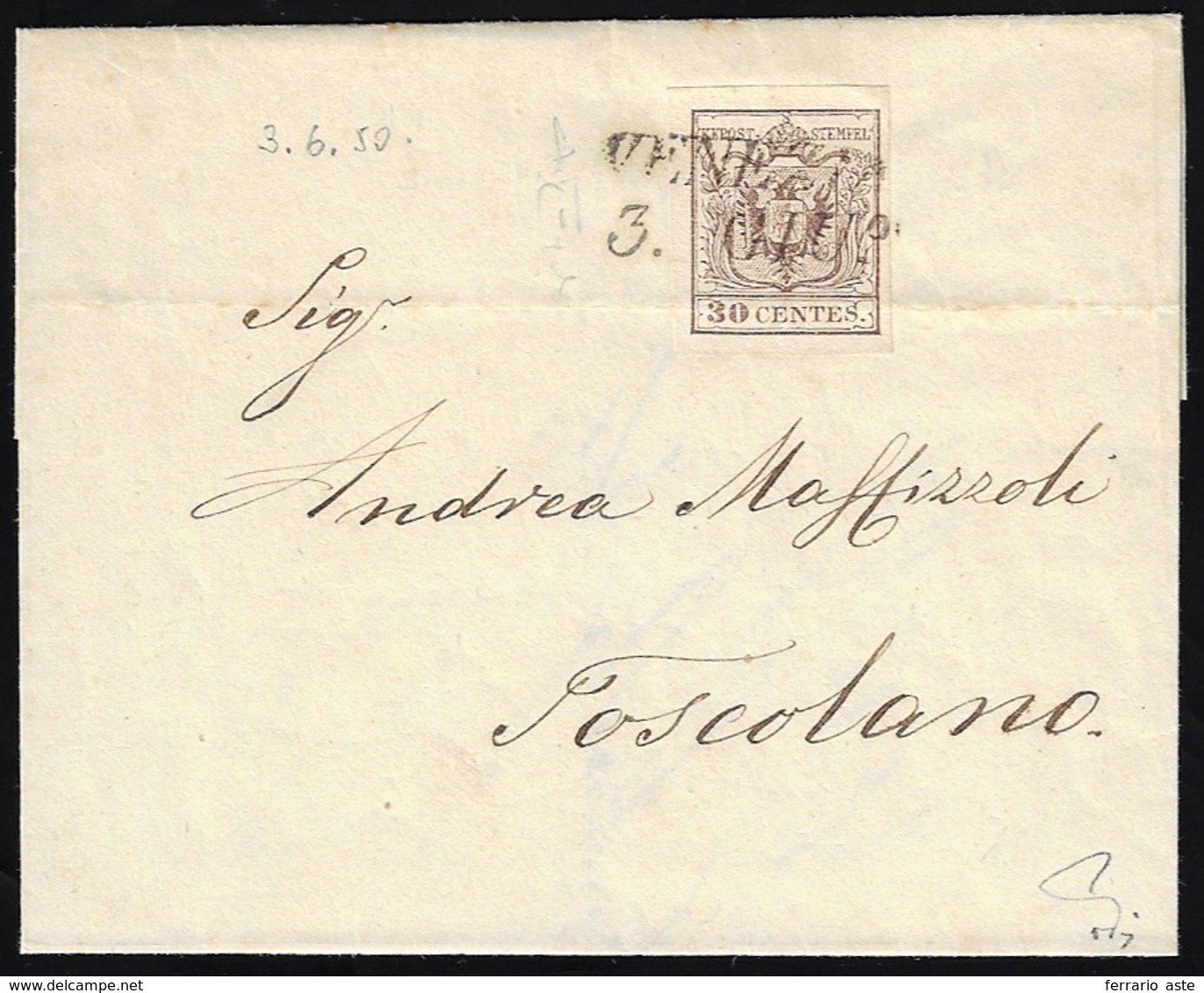 1850 - 30 Cent. Bruno, I Tiratura (7a), Lieve Piega Orizzontale, Su Sovracoperta Di Lettera Da Venez... - Lombardije-Venetië