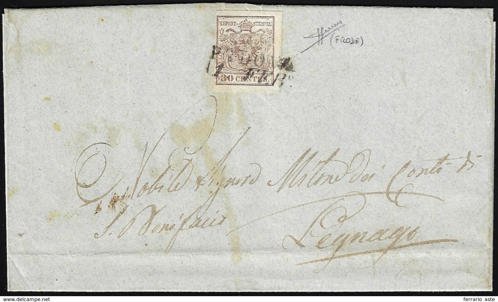 1851 - 30 Cent. Bruno, I Tiratura (7b), Riutilizzato In Frode Postale Previo Tentativo Di Lavaggio D... - Lombardy-Venetia