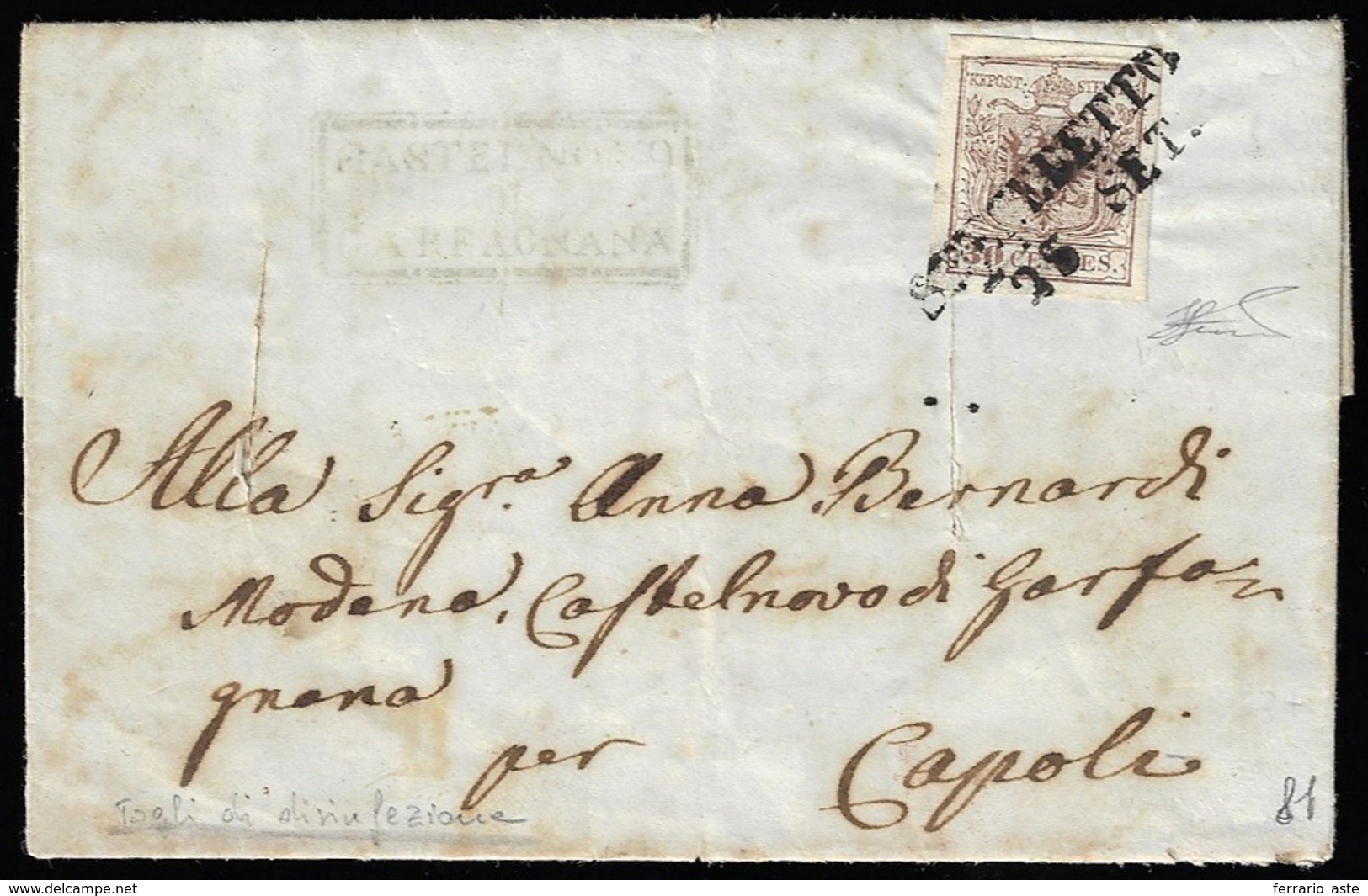 1855 - 30 Cent. Bruno Lillaceo, II Tipo, Carta A Mano, Pli D'accordeon (9), Perfetto, Su Lettera Da ... - Lombardo-Vénétie