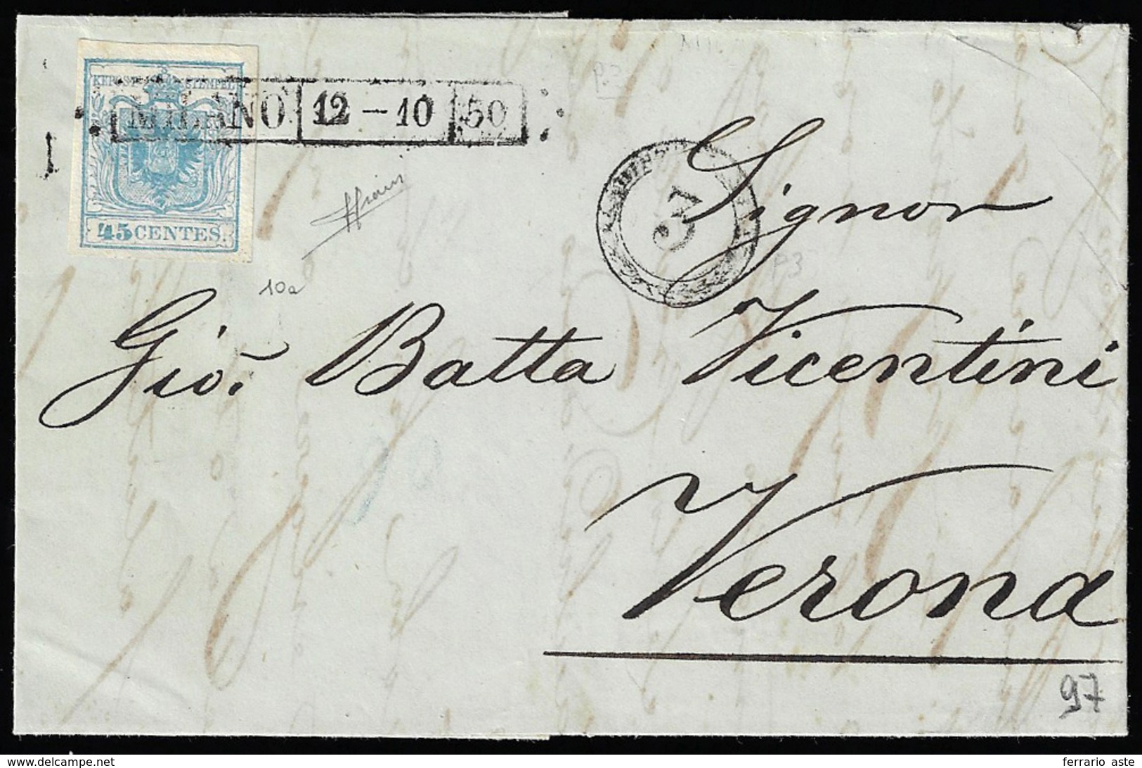 1850 - 45 Cent. Azzurro, I Tipo, Carta A Mano (10), Perfetto, Su Lettera Da Milano 12/10/1850 A Vero... - Lombardije-Venetië