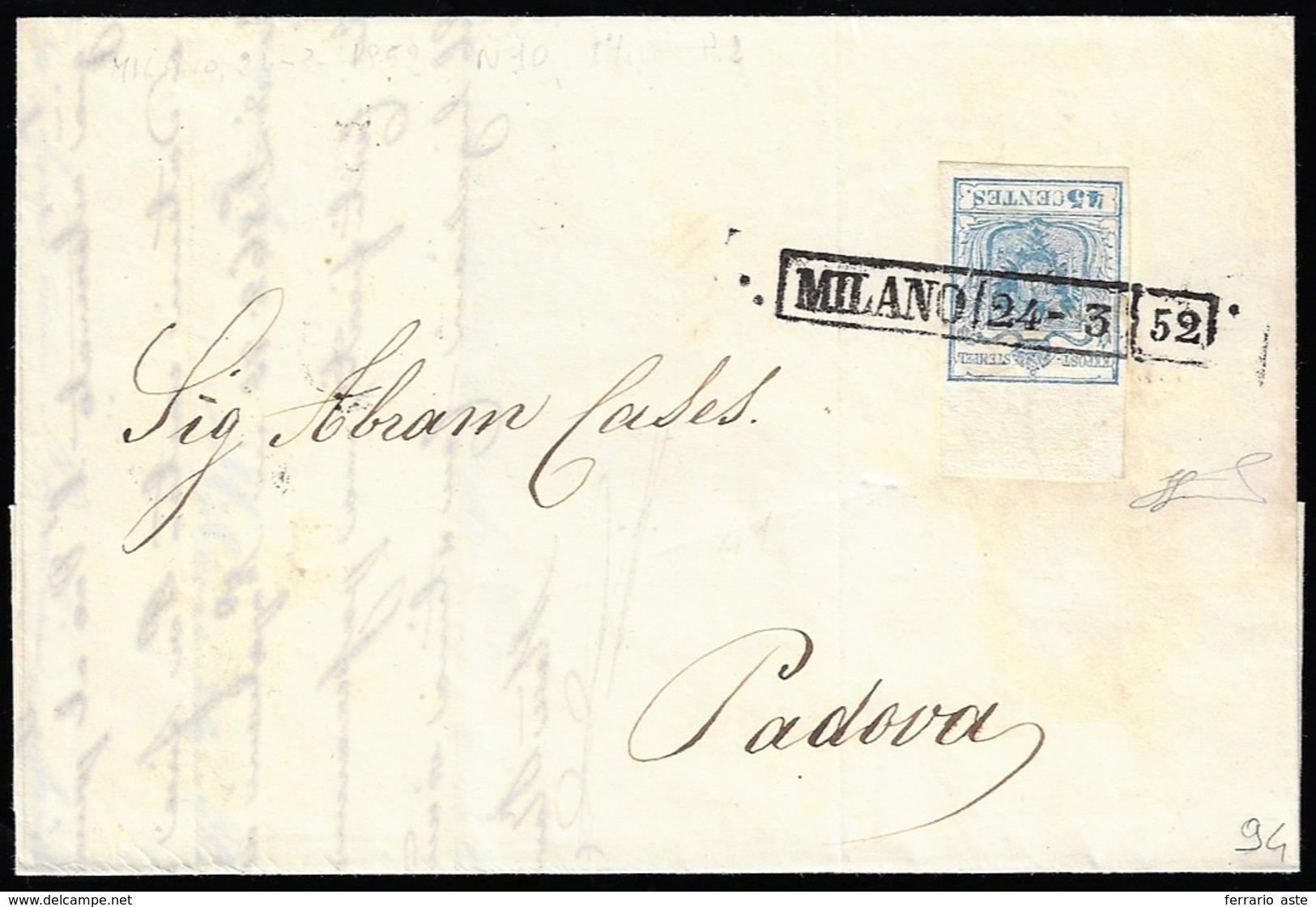 1852 - 45  Cent. Azzurro, I Tipo, Carta A Mano, Bordo Di Foglio In Alto (10), Perfetto, Su Lettera D... - Lombardy-Venetia