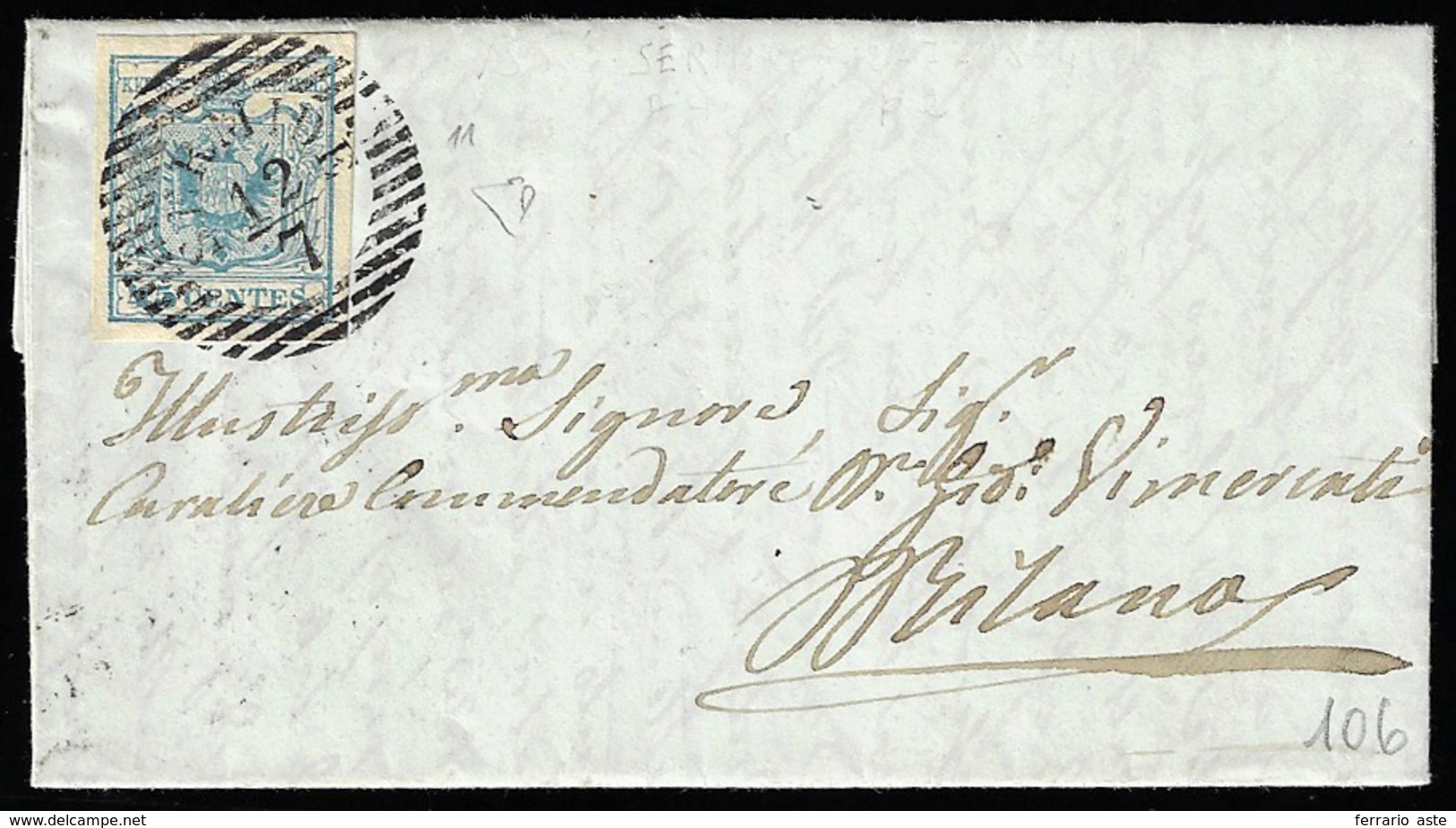 1854 - 45 Cent. Azzurro Ardesia, II Tipo, Carta A Mano (11), Perfetto, Su Lettera Da Sermide 12/7/18... - Lombardo-Vénétie