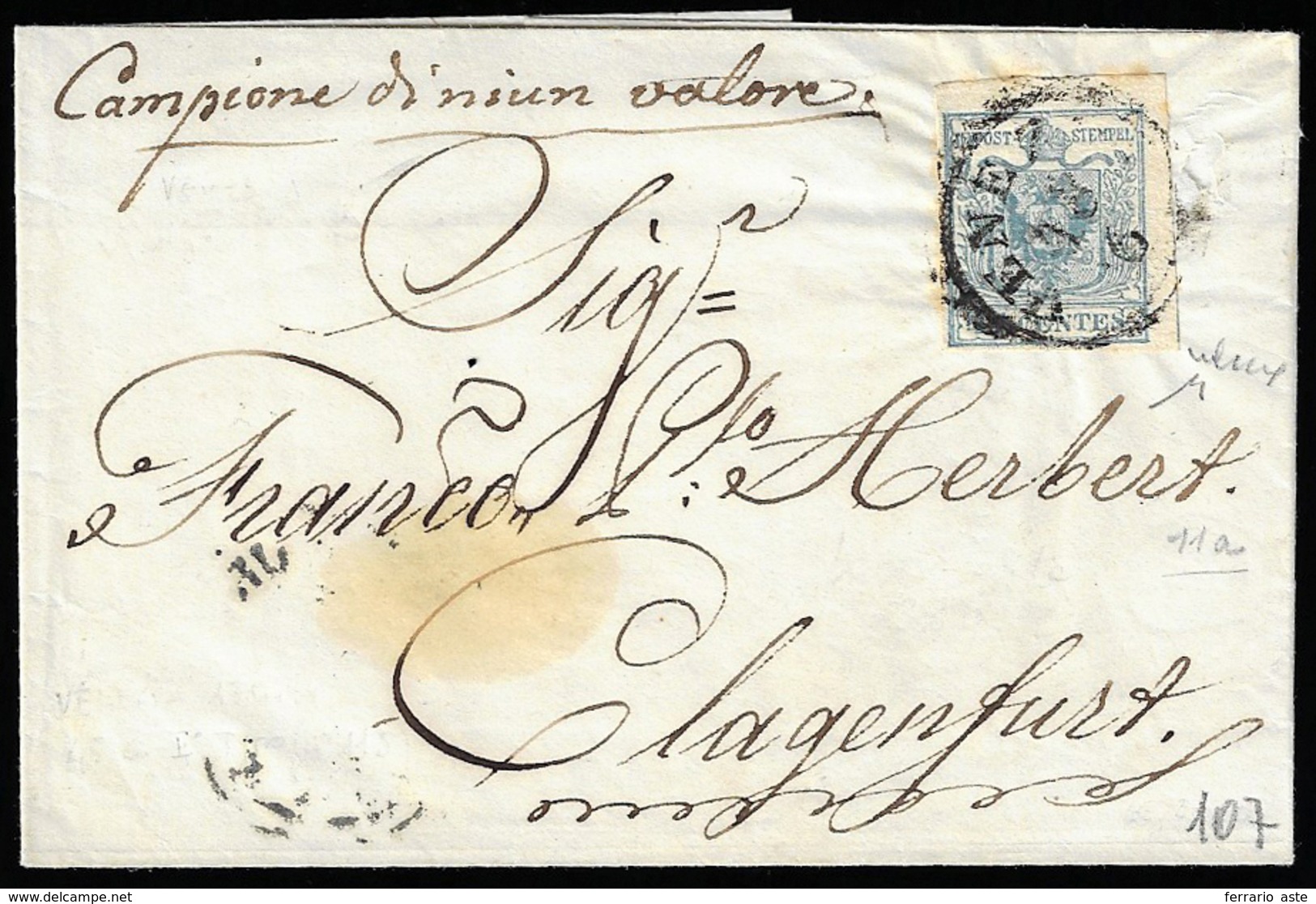 1854 - 45 Cent. Azzurro Verdastro, II Tipo, Carta A Mano (11a), Perfetto, Su Sovracoperta Di Lettera... - Lombardy-Venetia