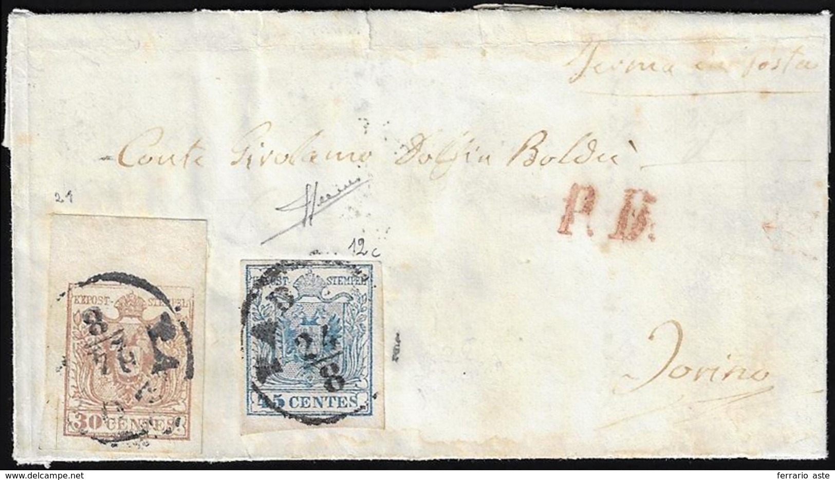 1856 - 45 Cent. Azzurro Oltremare, II Tipo, Carta A Mano, 30 Cent. Bruno, II Tipo, Carta A Macchina,... - Lombardo-Vénétie