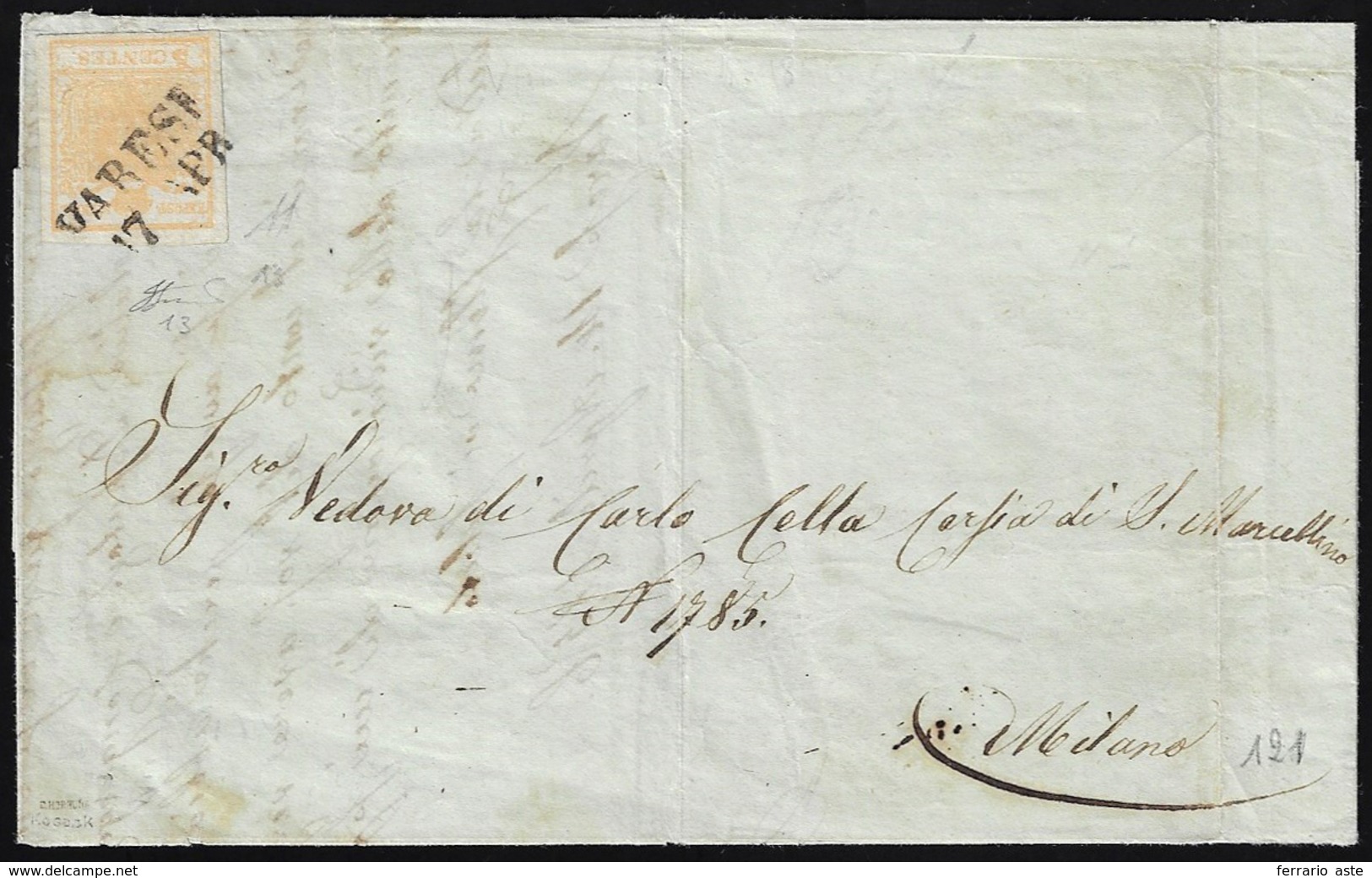 1856 - 5 Cent. Giallo Ocra, Stampa Recto-verso, Controstampa Capovolta (13), Perfetto, Isolato Su Ci... - Lombardo-Vénétie