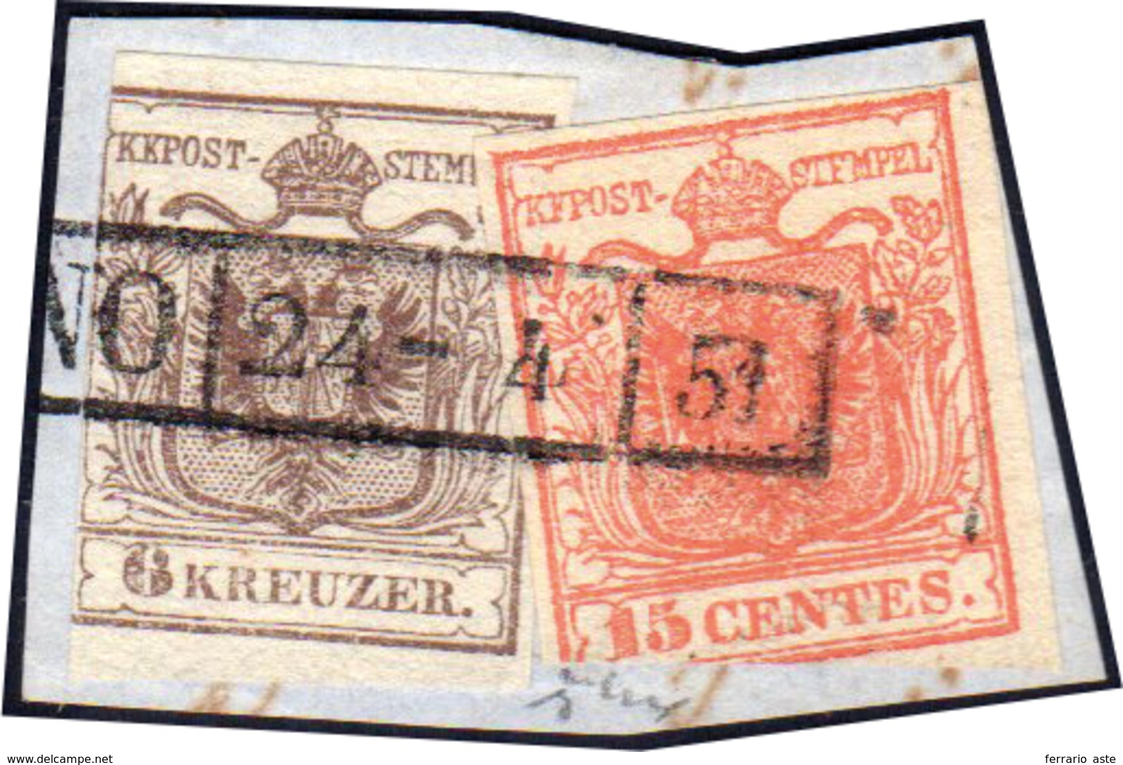 1851 - 15 Cent. Rosso Vermiglio, Carta A Coste Verticali, (14), In Affrancatura Mista Con 6 Kr. Brun... - Lombardo-Venetien