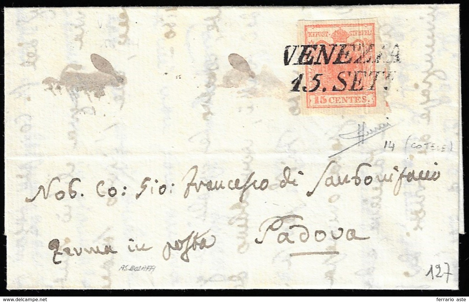 1851 - 15 Cent. Rosso Vermiglio, I Tipo, Carta A Coste Verticali (14), Perfetto, Su Lettera Da Venez... - Lombardije-Venetië