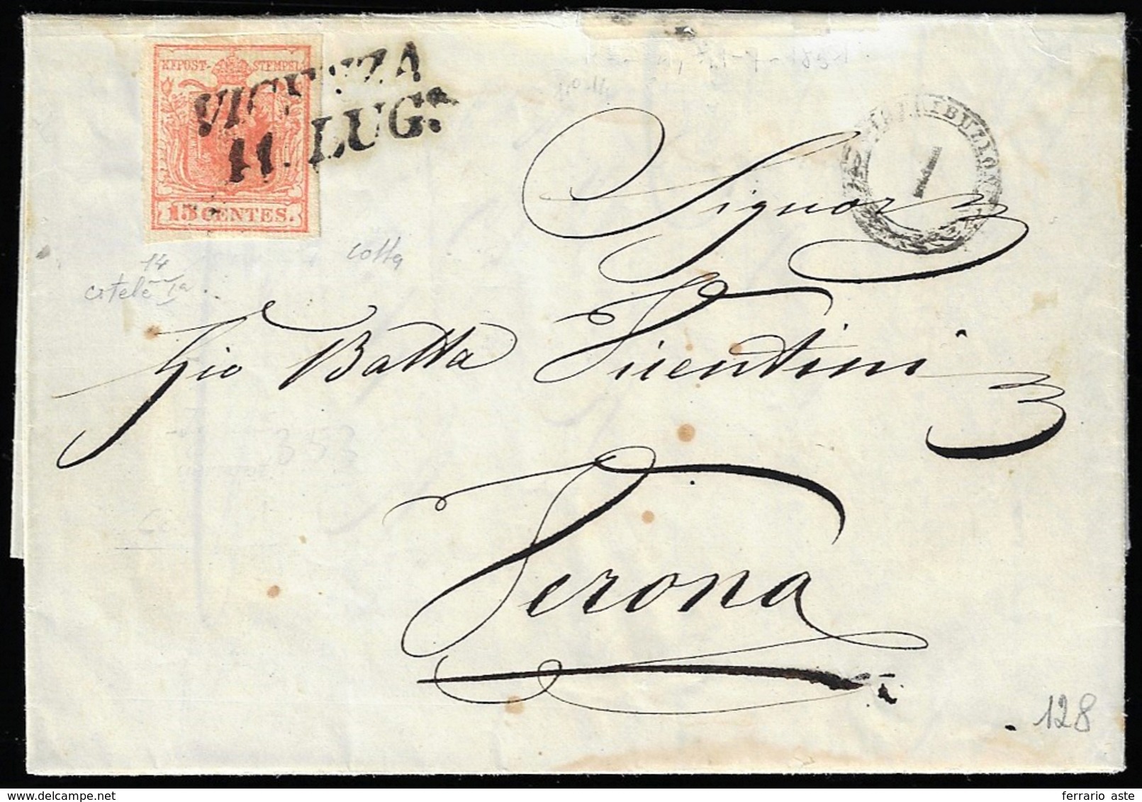 1851 - 15 Cent. Rosso Vermiglio, I Tipo, Carta A Coste Verticali (14), Perfetto, Su Lettera Da Vicen... - Lombardo-Vénétie