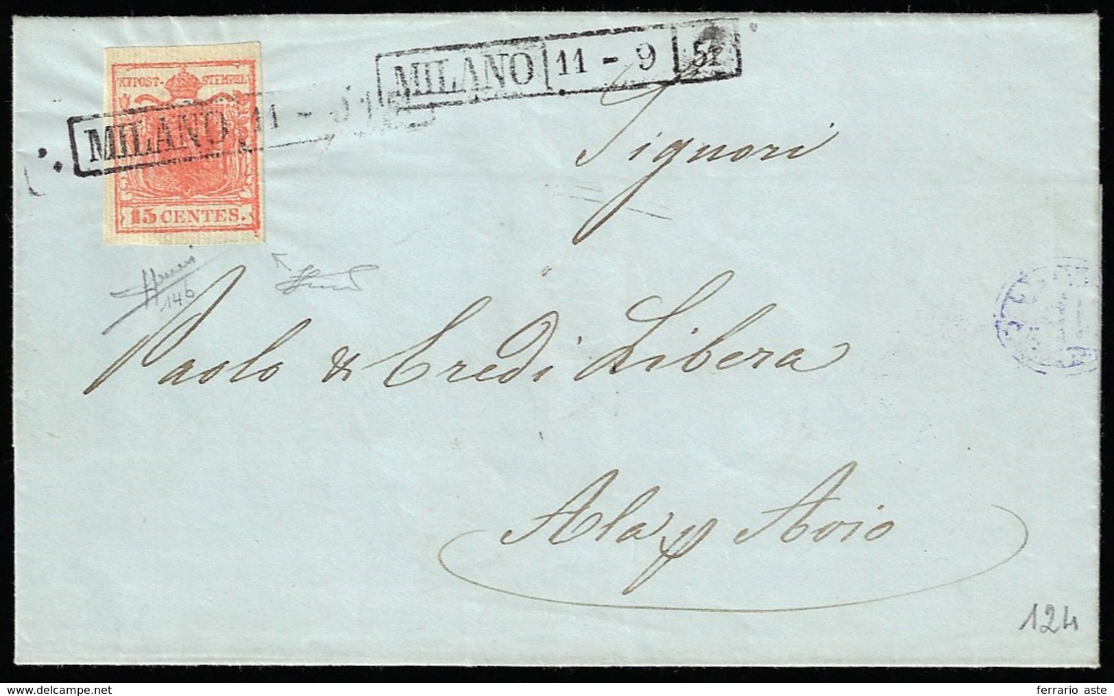 1851 - 15 Cent. Rosso Vermiglio Intenso, I Tipo, Carta A Coste Verticali, Randruck  A Destra (14b), ... - Lombardy-Venetia