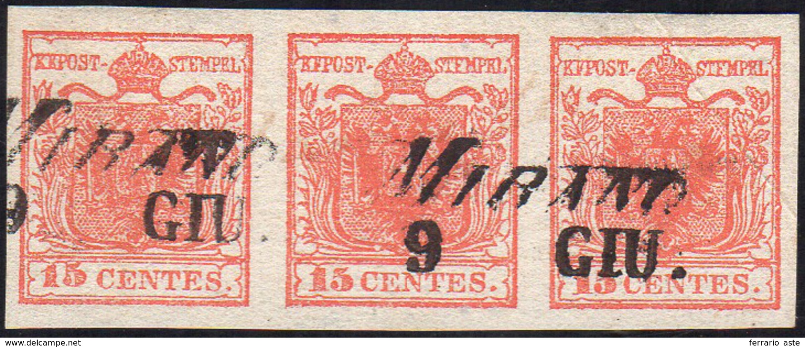 1851 - 15 Cent. Rosso Vermiglio, Carta Lievemente Costolata, Striscia Orizzontale Di Tre, Un Esempla... - Lombardije-Venetië