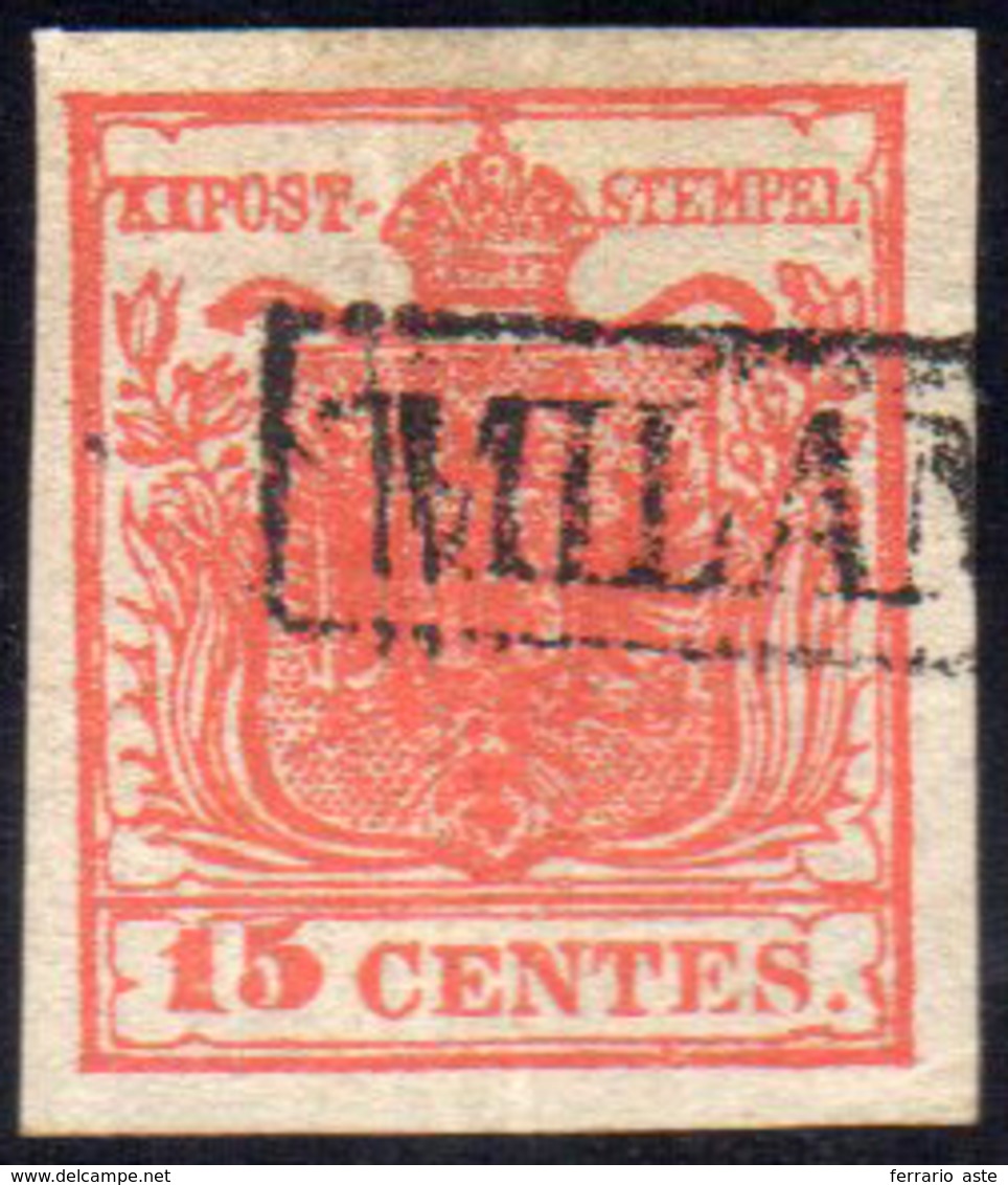 1851 - 15 Cent. Rosso Vermiglio, II Tipo, Carta A Coste Verticali (15), Perfetto, Usato A Milano. Be... - Lombardije-Venetië