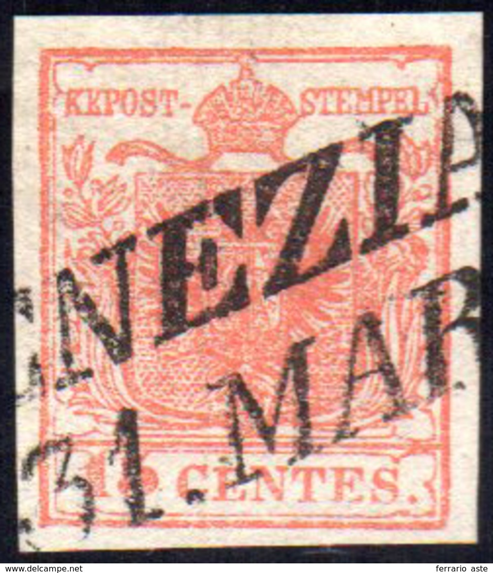 1851 - 15 Cent. Rosso Vermiglio Chiaro, II Tipo, Carta A Coste Verticali (15a), Perfetto, Usato A Ve... - Lombardo-Vénétie