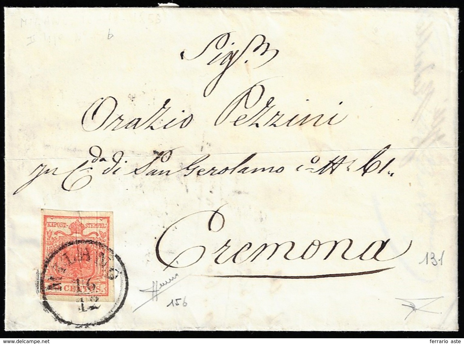 1853 - 15 Cent. Rosso Vermiglio Intenso, II Tipo, Carta A Coste Verticali (15b), Perfetto, Su Letter... - Lombardy-Venetia