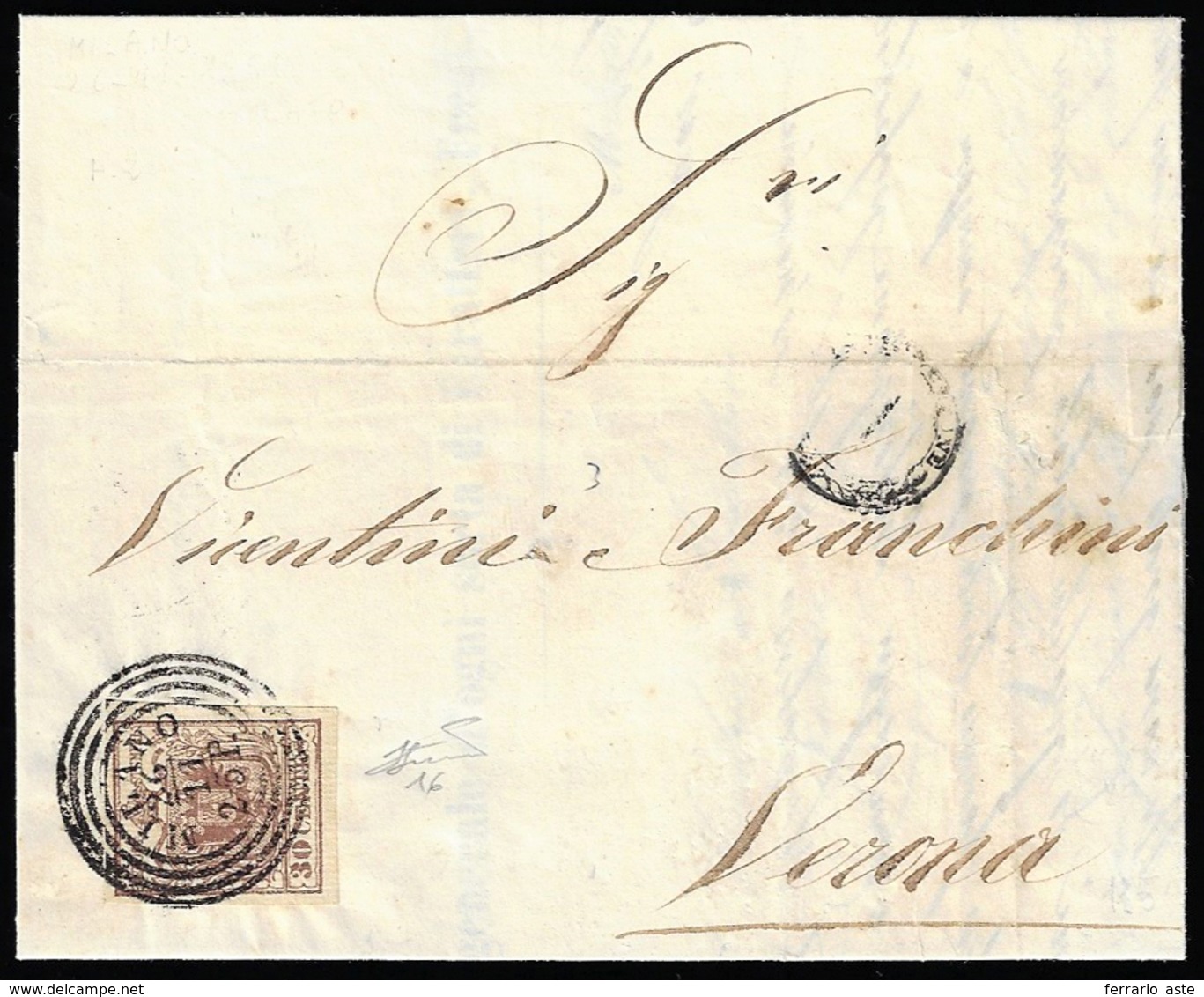 1851 - 30 Cent. Bruno, Carta A Coste Verticali (16), Perfetto, Su Lettera Da Milano 26/11/1851 A Ver... - Lombardo-Vénétie