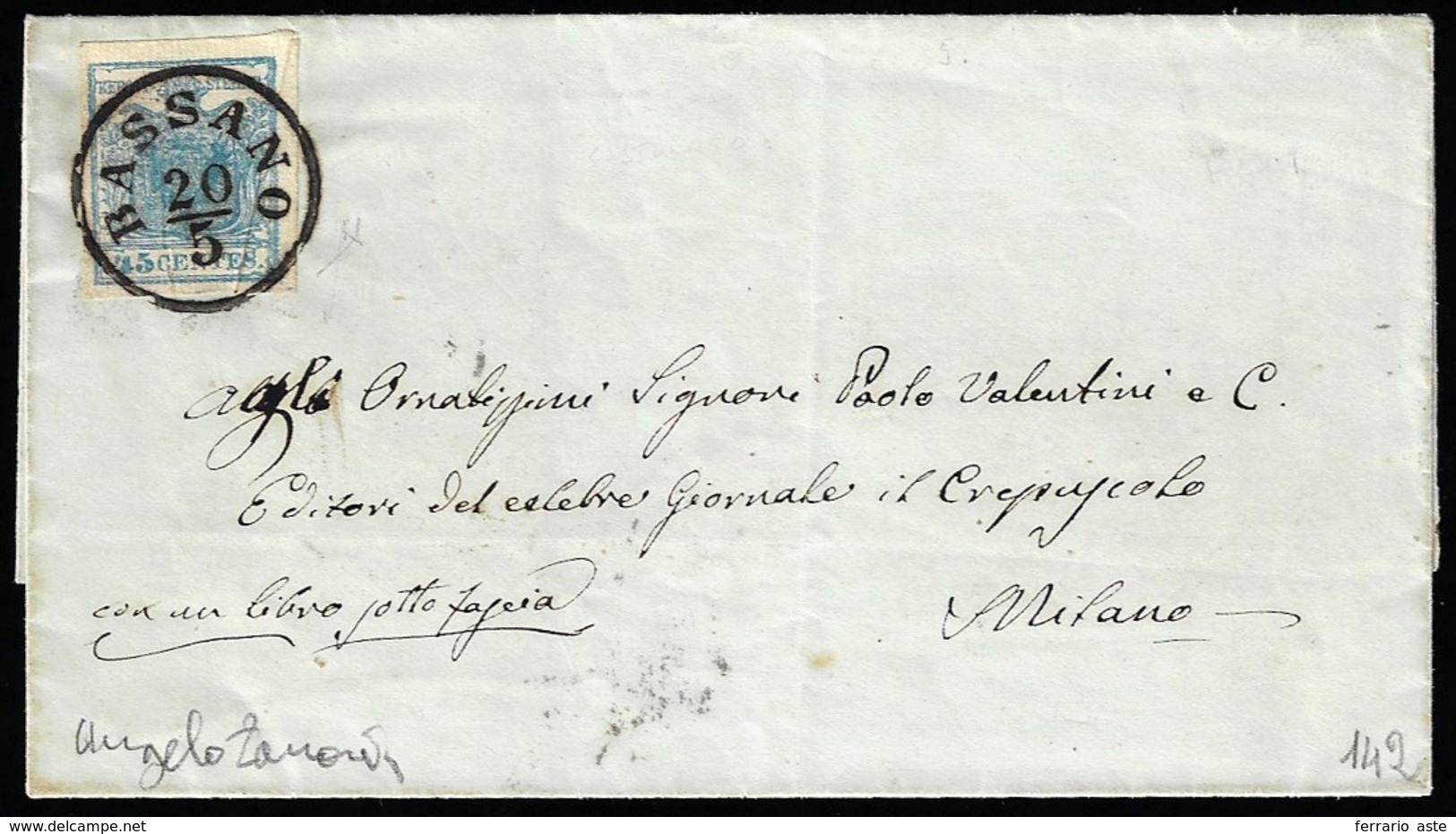 1851 - 45 Cent. Azzurro Ardesia, Carta A Coste Verticali (17b), Perfetto, Su Sovracoperta Di Lettera... - Lombardo-Vénétie