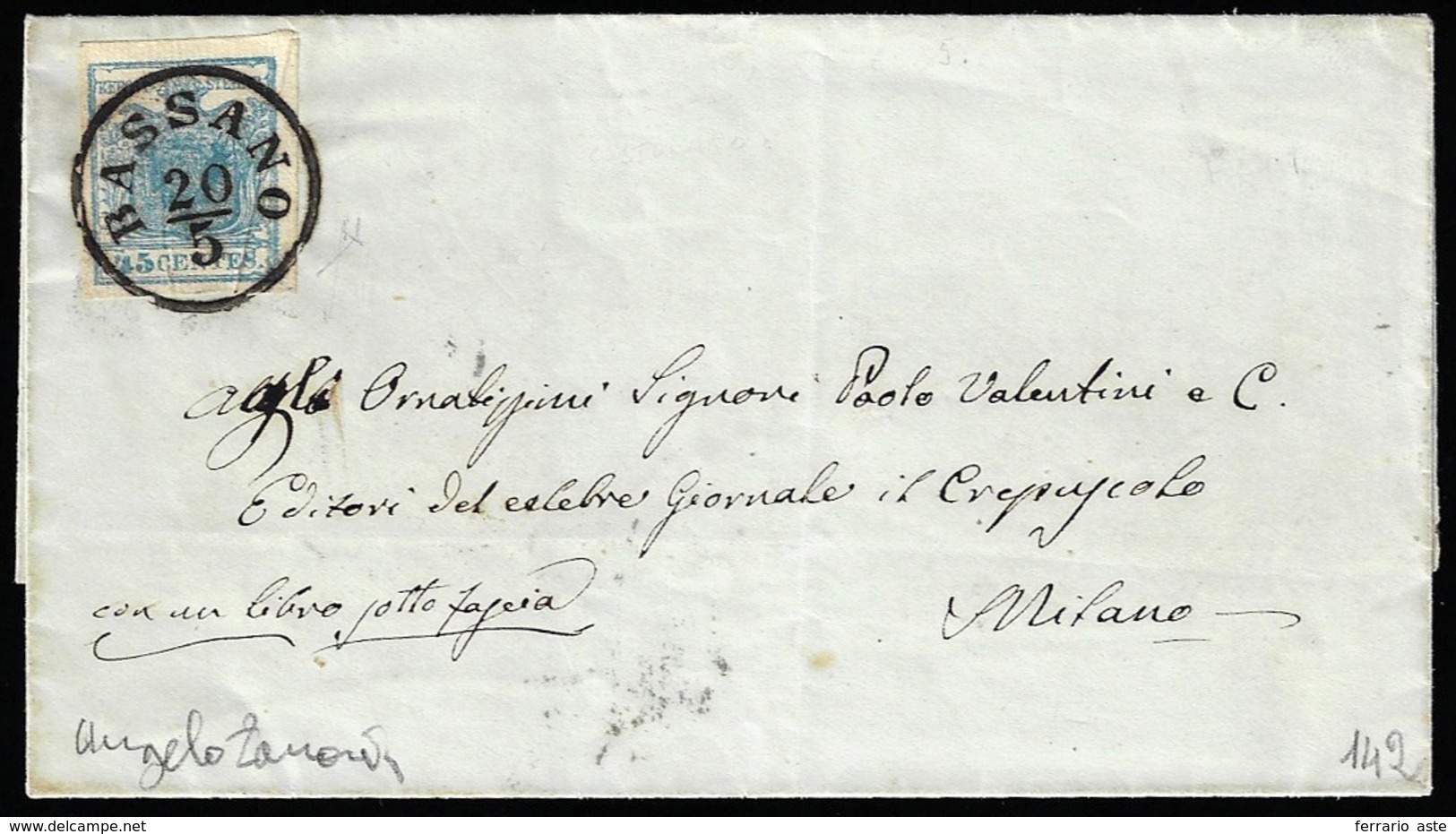 1851 - 45 Cent. Azzurro Ardesia, Carta A Coste Verticali (17b), Perfetto, Su Sovracoperta Di Lettera... - Lombardy-Venetia