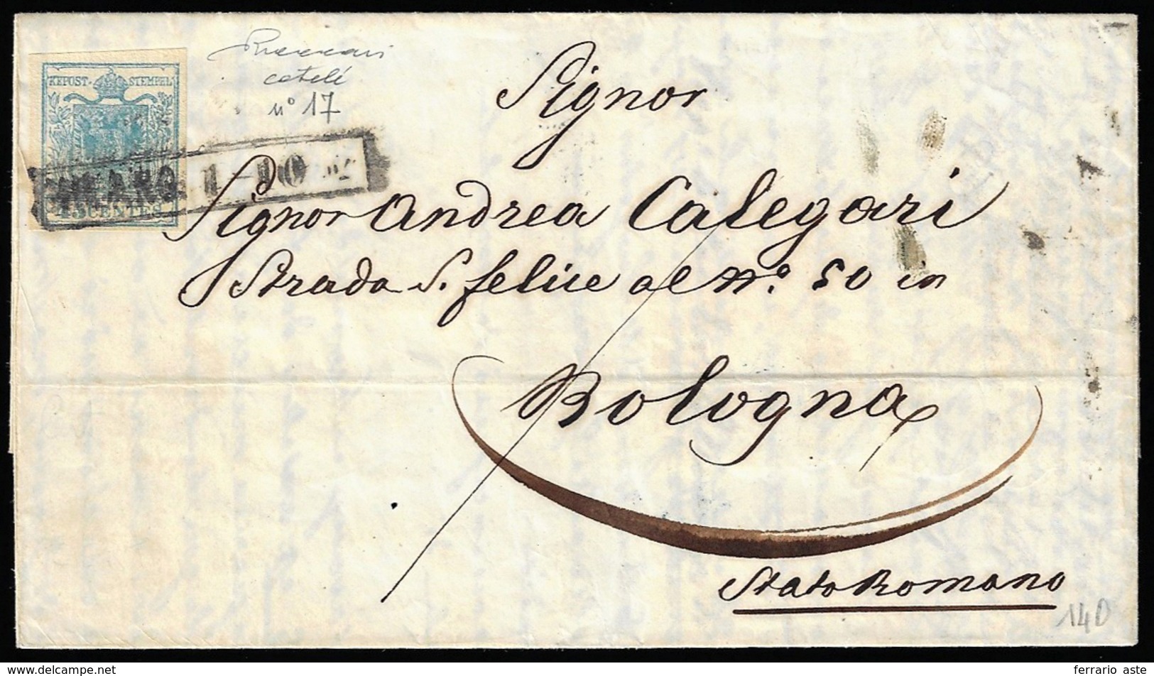 1852 - 45 Cent. Azzurro Ardesia, Carta A Coste Verticali (17b), Perfetto, Su Lettera Da Milano 1/10/... - Lombardo-Venetien