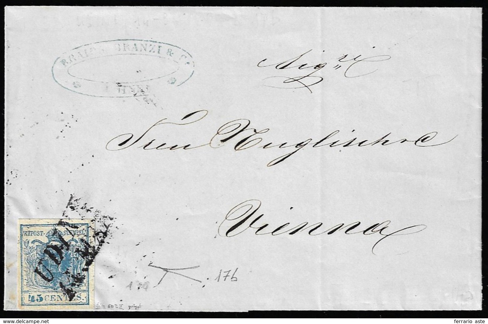 1853 - 45 Cent. Azzurro Ardesia, Carta A Coste Verticali (17b), Perfetto, Su Sovracoperta Di Lettera... - Lombardije-Venetië