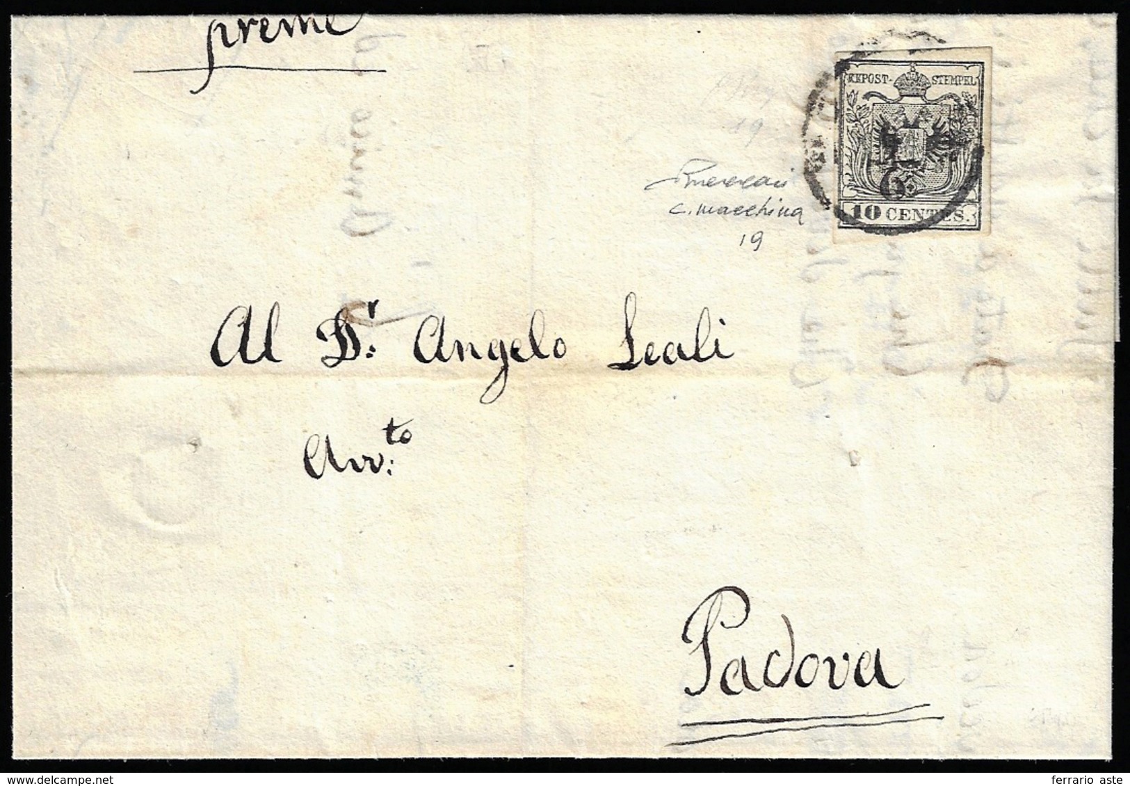 1857 - 10 Cent. Nero, Carta A Macchina (19), Perfetto, Isolato Su Lettera Da Padova 9/6 Per Città. V... - Lombardije-Venetië