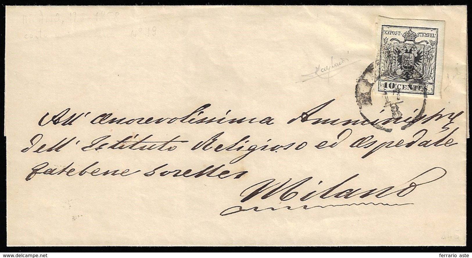 1857 - 10 Cent. Nero, Carta A Macchina (19), Perfetto, Isolato Su Sovracoperta Di Lettera Da Milano ... - Lombardo-Vénétie