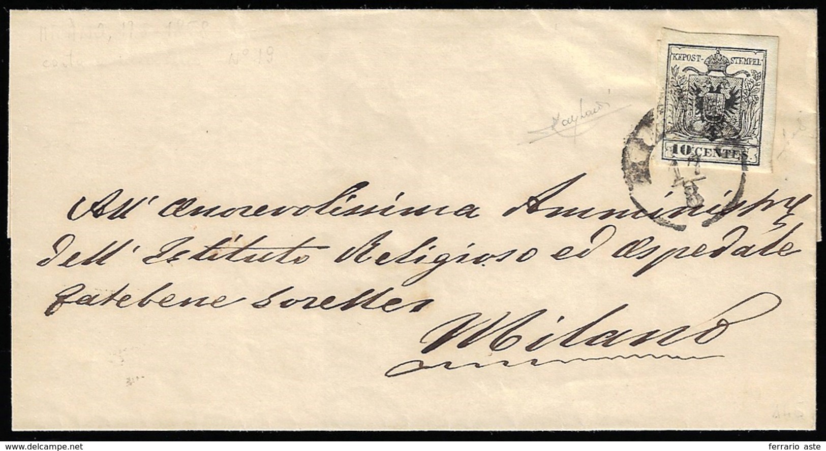 1857 - 10 Cent. Nero, Carta A Macchina (19), Perfetto, Isolato Su Sovracoperta Di Lettera Da Milano ... - Lombardy-Venetia