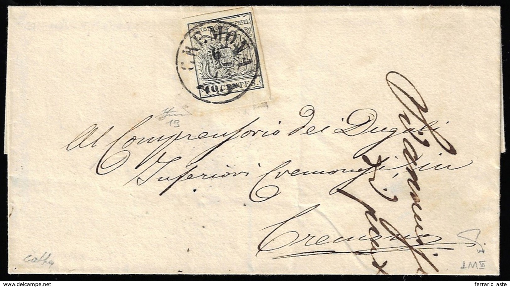 1858 - 10 Cent. Nero, Carta A Macchina (19), Perfetto, Isolato Su Sovracoperta Di Lettera Da Cremona... - Lombardo-Vénétie