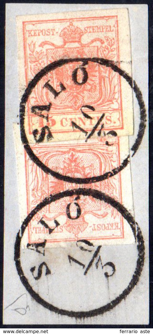 1854 - 15 Cent. Rosso Vermiglio, Carta A Macchina (20), Lieve Piega, In Affrancatura Mista Con 3 Kr.... - Lombardy-Venetia