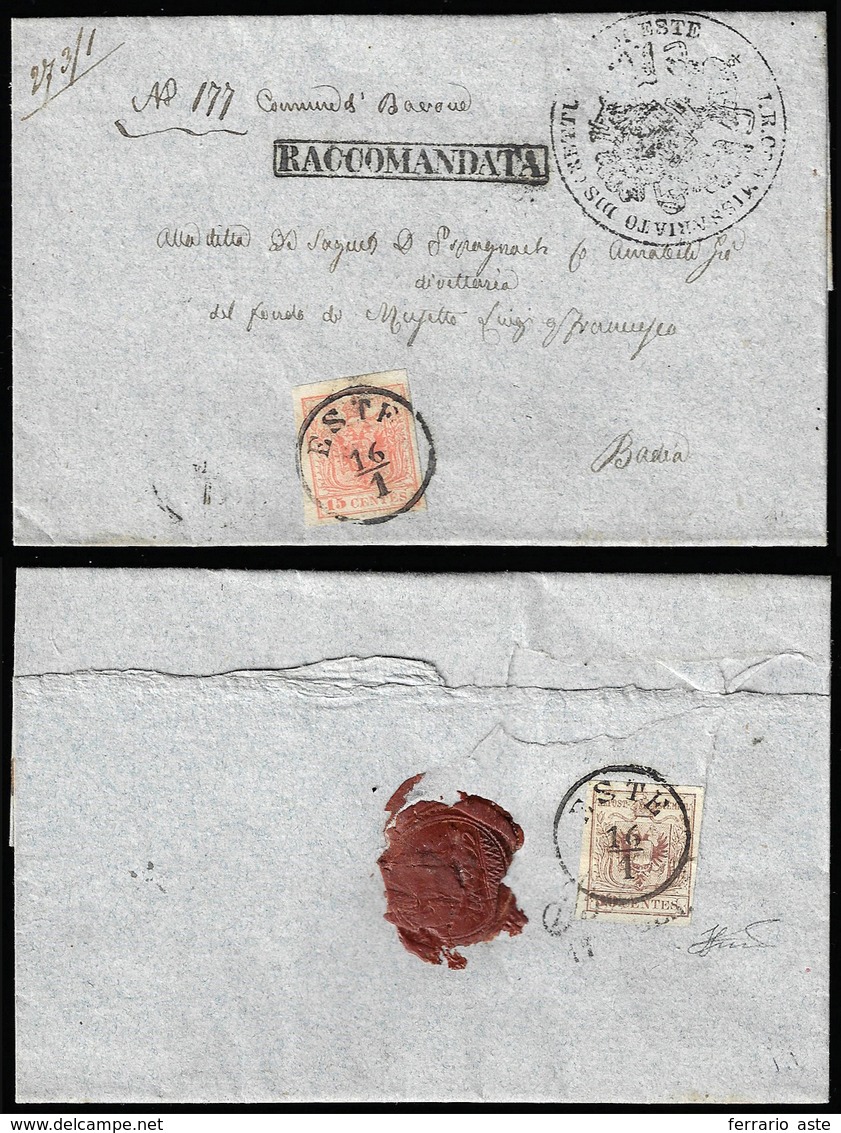 1854 - 15 Cent. Rosso Vermiglio E, Al Verso, 30 Cent. Bruno, Entrambi Carta A Macchina (20,21), Perf... - Lombardo-Vénétie