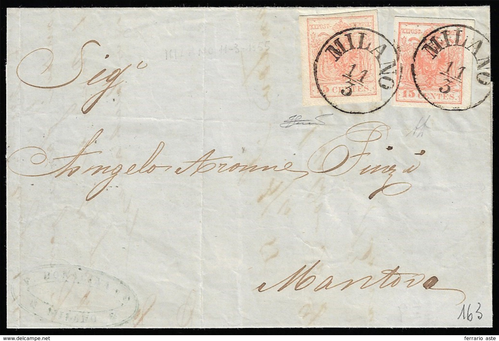 1855 - 15 Cent. Rosso Vermiglio, Carta A Macchina (20), Due Esemplari Di Tinte Differenti, Perfetti,... - Lombardo-Venetien