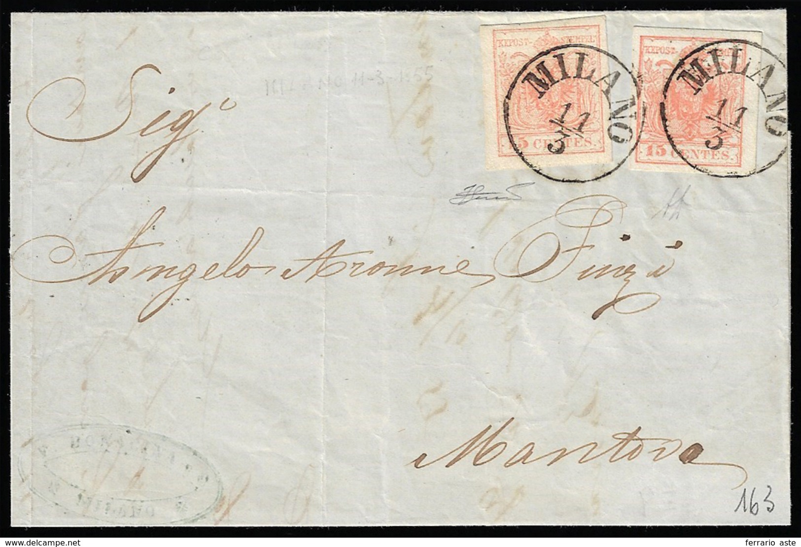 1855 - 15 Cent. Rosso Vermiglio, Carta A Macchina (20), Due Esemplari Di Tinte Differenti, Perfetti,... - Lombardy-Venetia
