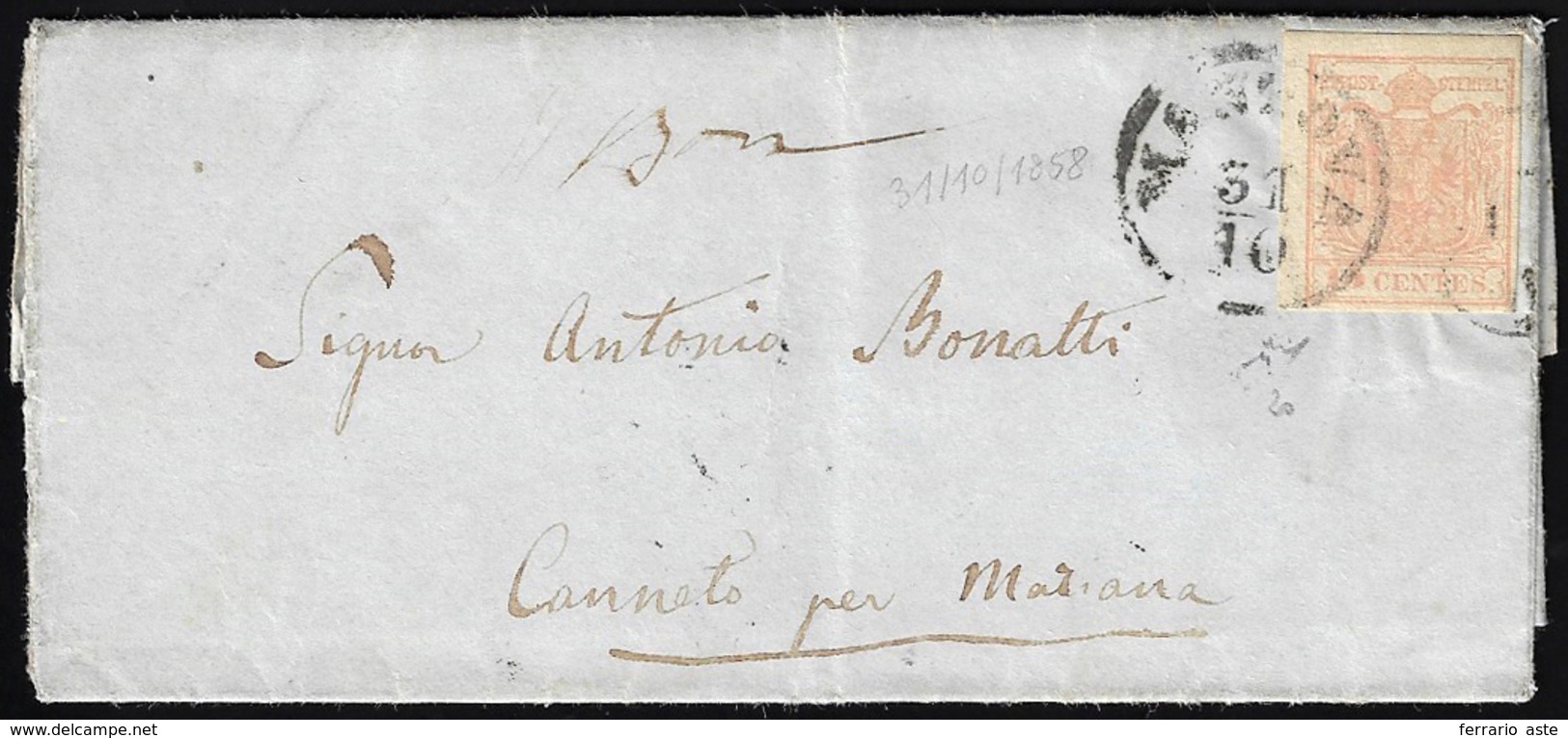 1858 - 15 Cent. Rosa Chiaro, III Tipo, Carta A Macchina (20e), Perfetto, Su Lettera Da Mantova 31/10... - Lombardije-Venetië