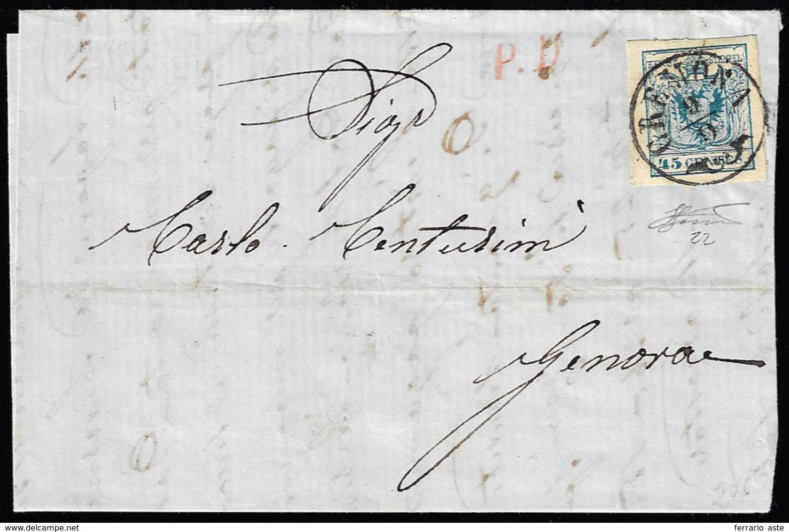 1856 - 45 Cent. Azzurro, Carta A Macchina (22), Perfetto, Su Sovracoperta Di Lettera, Senza Lembi La... - Lombardy-Venetia