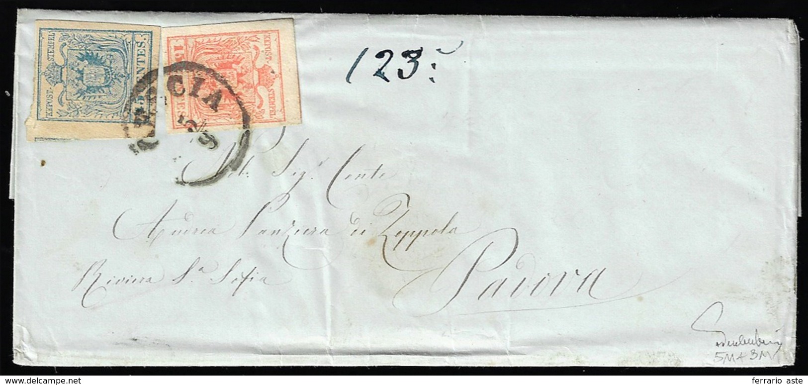 1857 - 45 Cent. Azzurro, 15 Cent. Rosa Vermiglio, Entrambi Carta A Macchina (22,20c), Perfetti, Su L... - Lombardy-Venetia