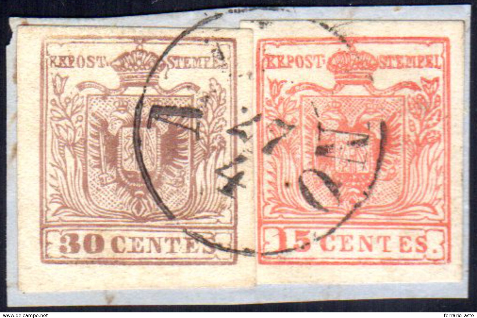 FALSI PER POSTA 1858 - 15 Cent. Rosso Vermiglio, II Tipo, 30 Cent. Bruno Rossastro, III Tipo, Entram... - Lombardije-Venetië