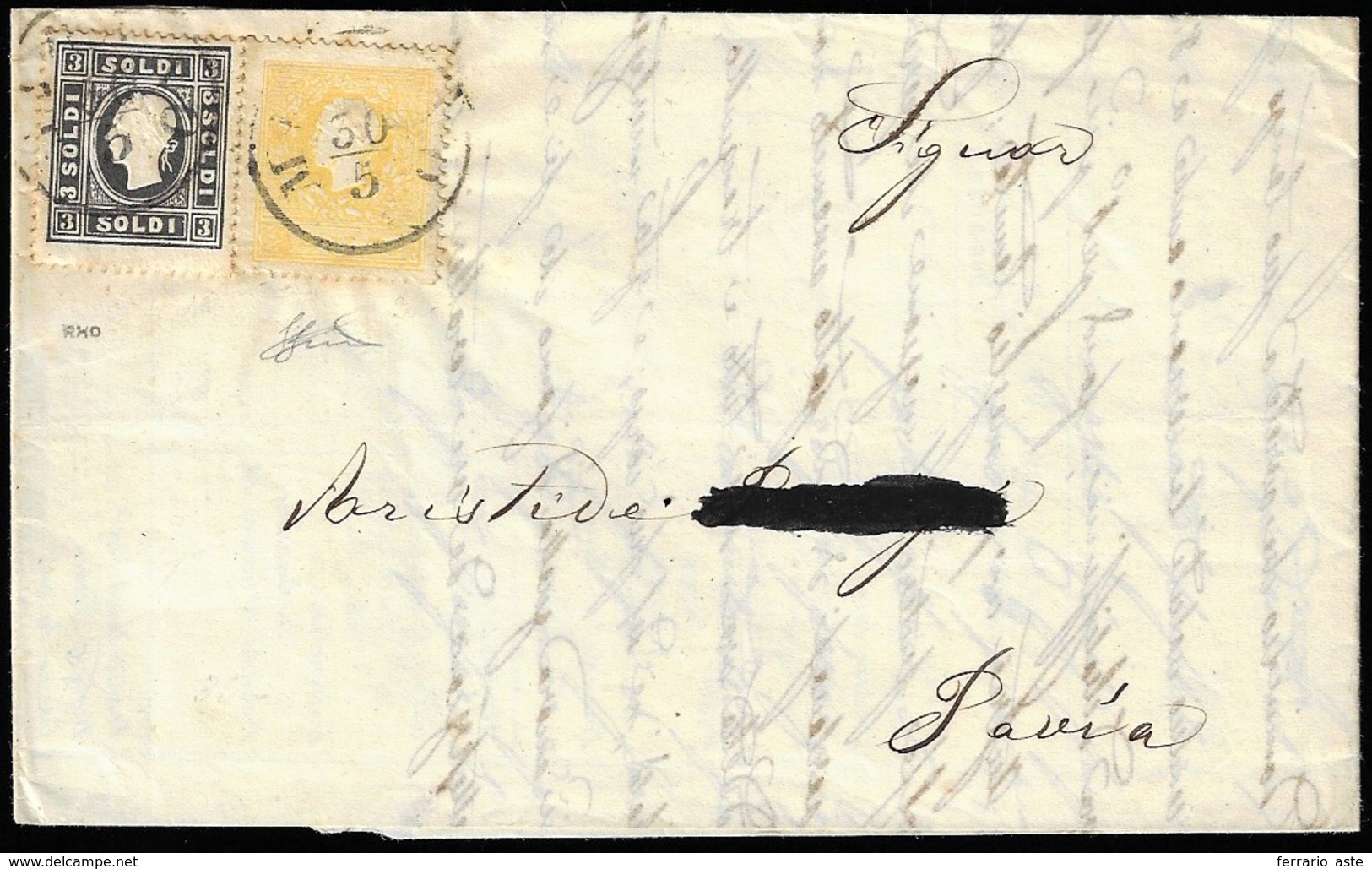 1859 - 2 Soldi Giallo, 3 Soldi Nero, Entrambi I Tipo (23/24), Perfetti, Su Lettera Da Milano 30/5/18... - Lombardy-Venetia