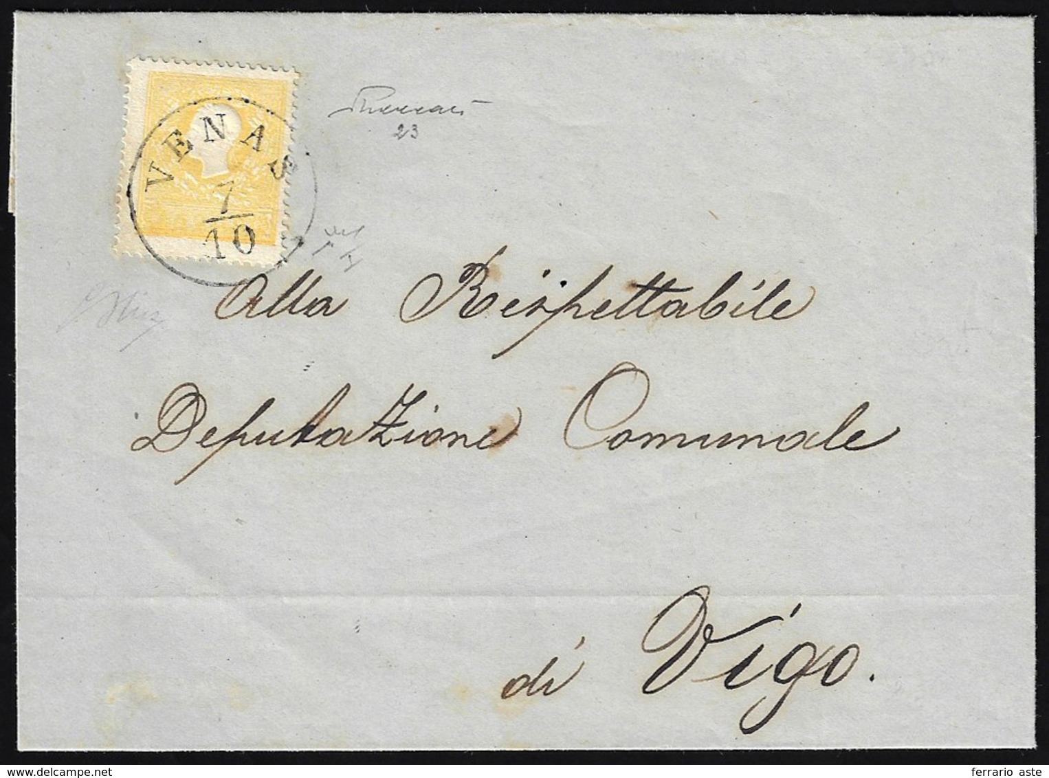 1859 - 2 Soldi Giallo, I Tipo (23), Perfetto, Isolato Su Circolare Da Venas 7/10/1859 A Vigo. Rara C... - Lombardy-Venetia