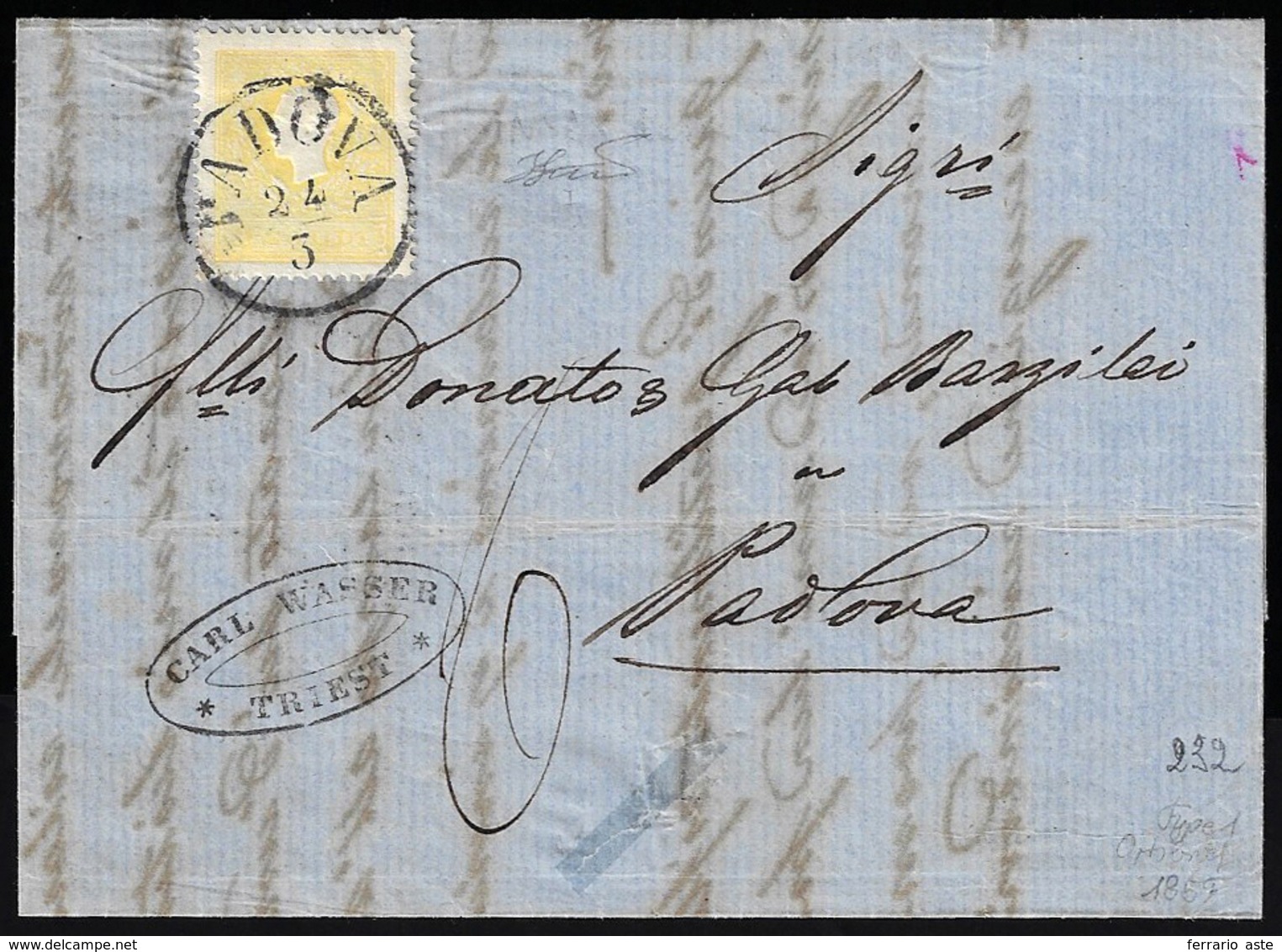 1859 - 2 Soldi Giallo, I Tipo (23), Perfetto, Isolato Su Lettera Da Padova 24/3 (ma Scritta A Triest... - Lombardo-Vénétie