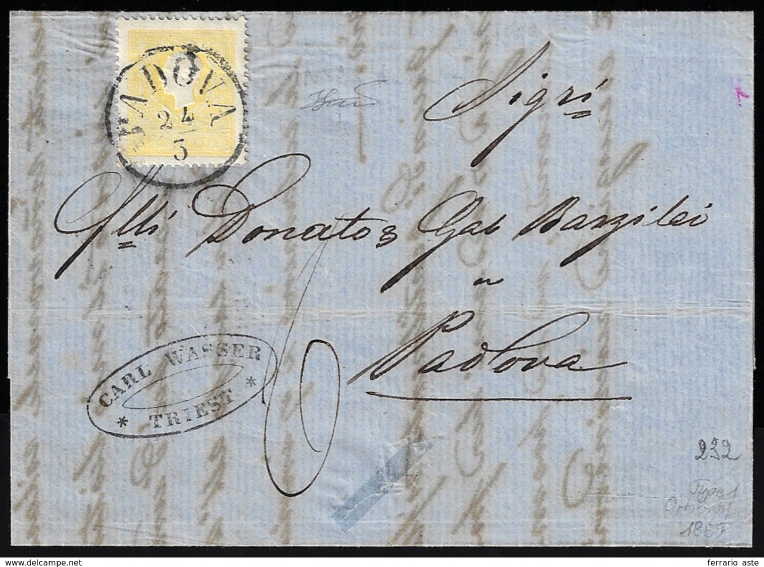 1859 - 2 Soldi Giallo, I Tipo (23), Perfetto, Isolato Su Lettera Da Padova 24/3 (ma Scritta A Triest... - Lombardy-Venetia