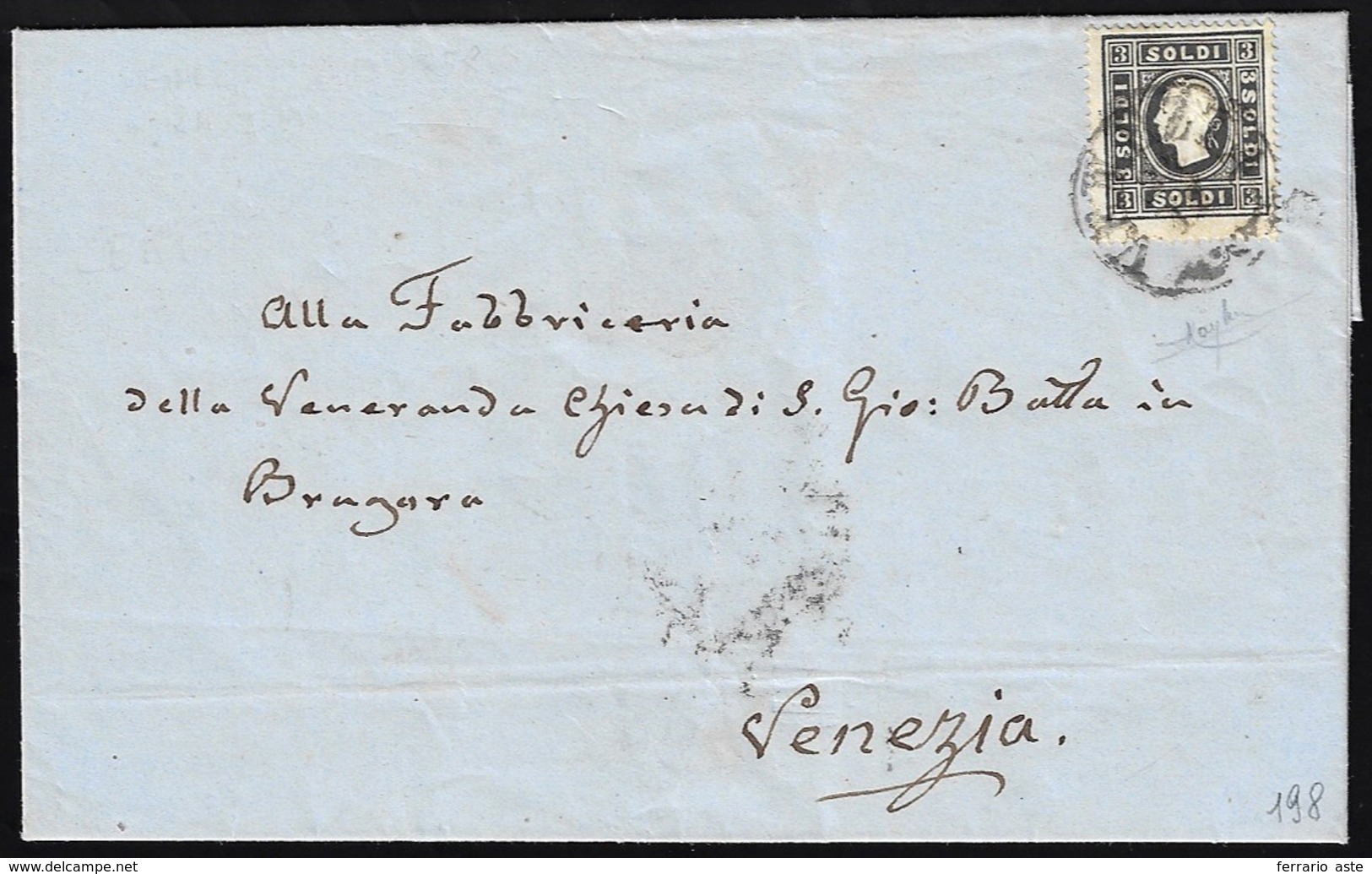 1858 - 3 Soldi Nero, I Tipo (24), Perfetto, Isolato Su Lettera Da Venezia 24/12/1858 Per Città. Cert... - Lombardije-Venetië