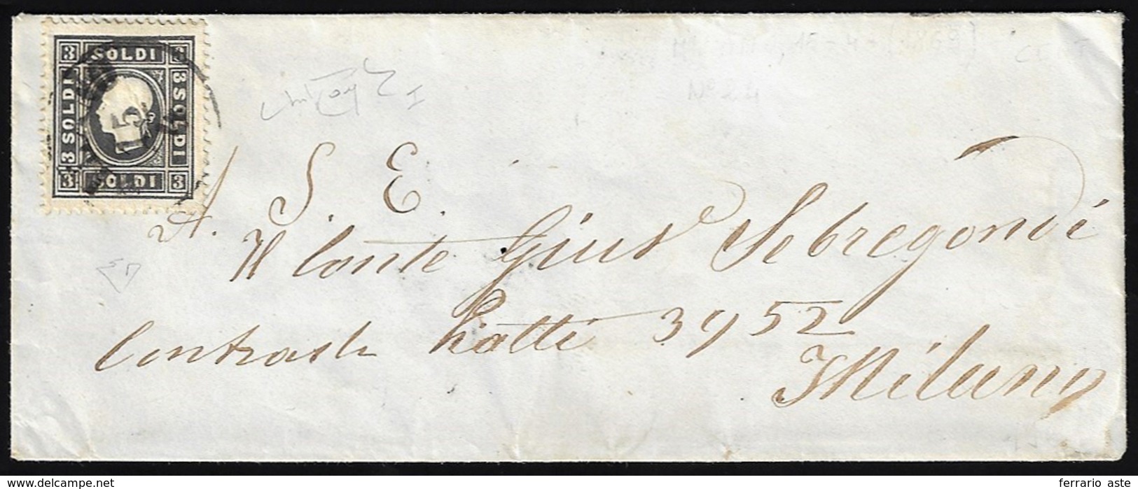 1859 - 2 Soldi Nero, I Tipo (24), Perfetto, Isolato Su Busta Da Milano 15/4/1859 Per Città. Bella. R... - Lombardy-Venetia